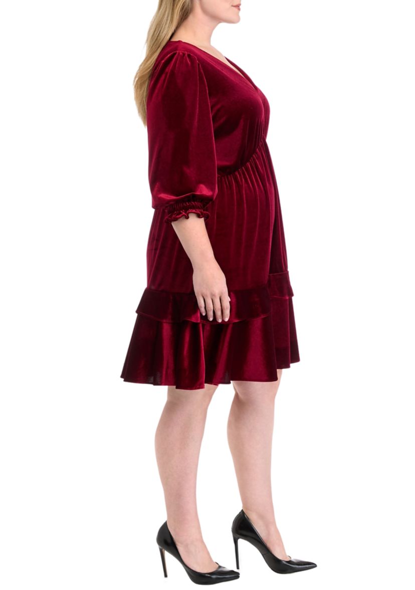 Plus Size 3/4 Sleeve V-Neck Burnout Babydoll Dress