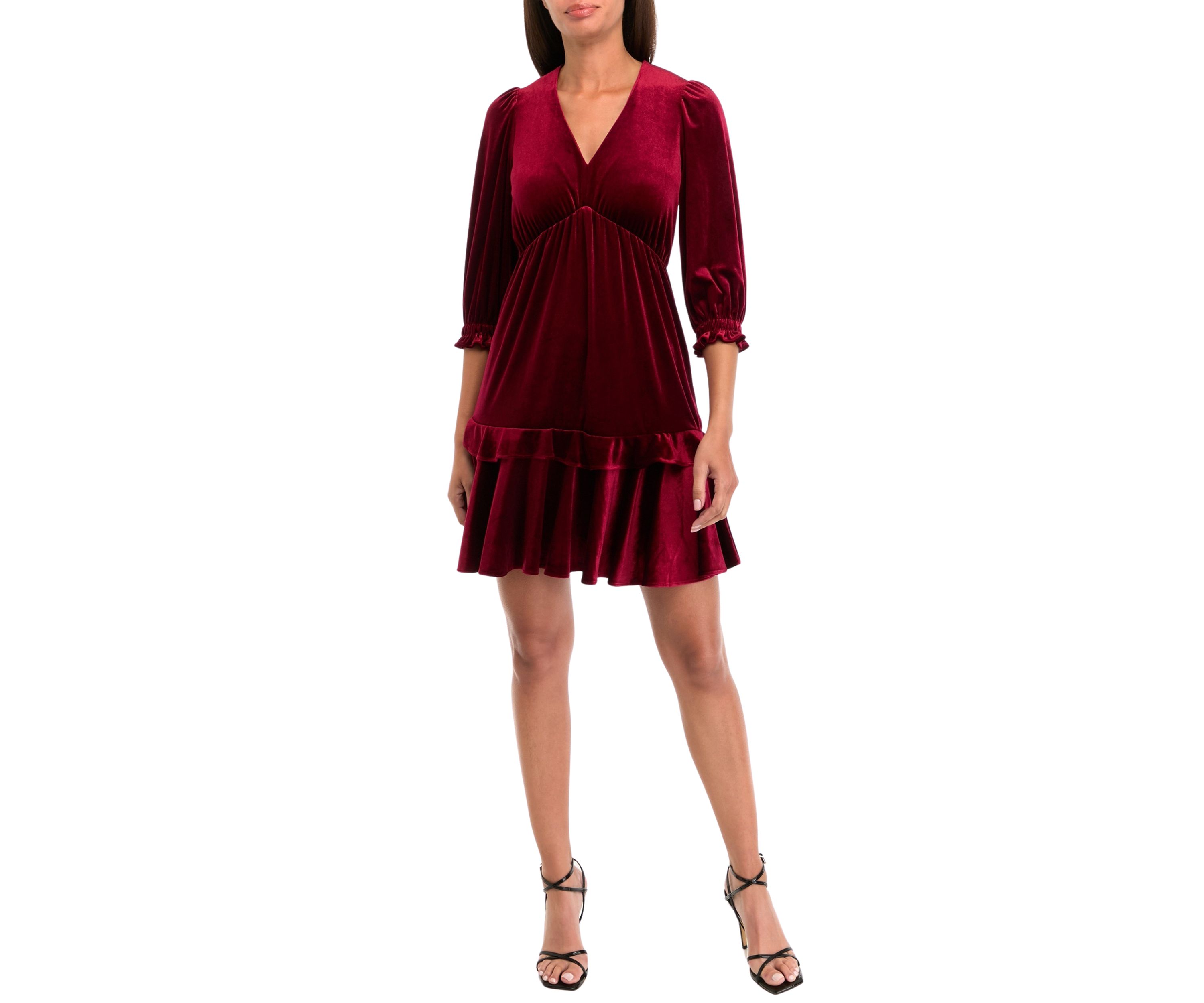 Womens 3/4 Puff Sleeve Velvet Fit and Flare Dress