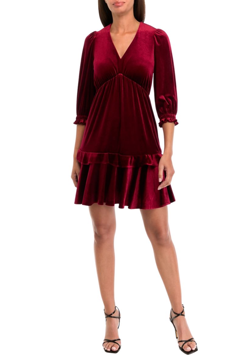 Womens 3/4 Puff Sleeve Velvet Fit and Flare Dress