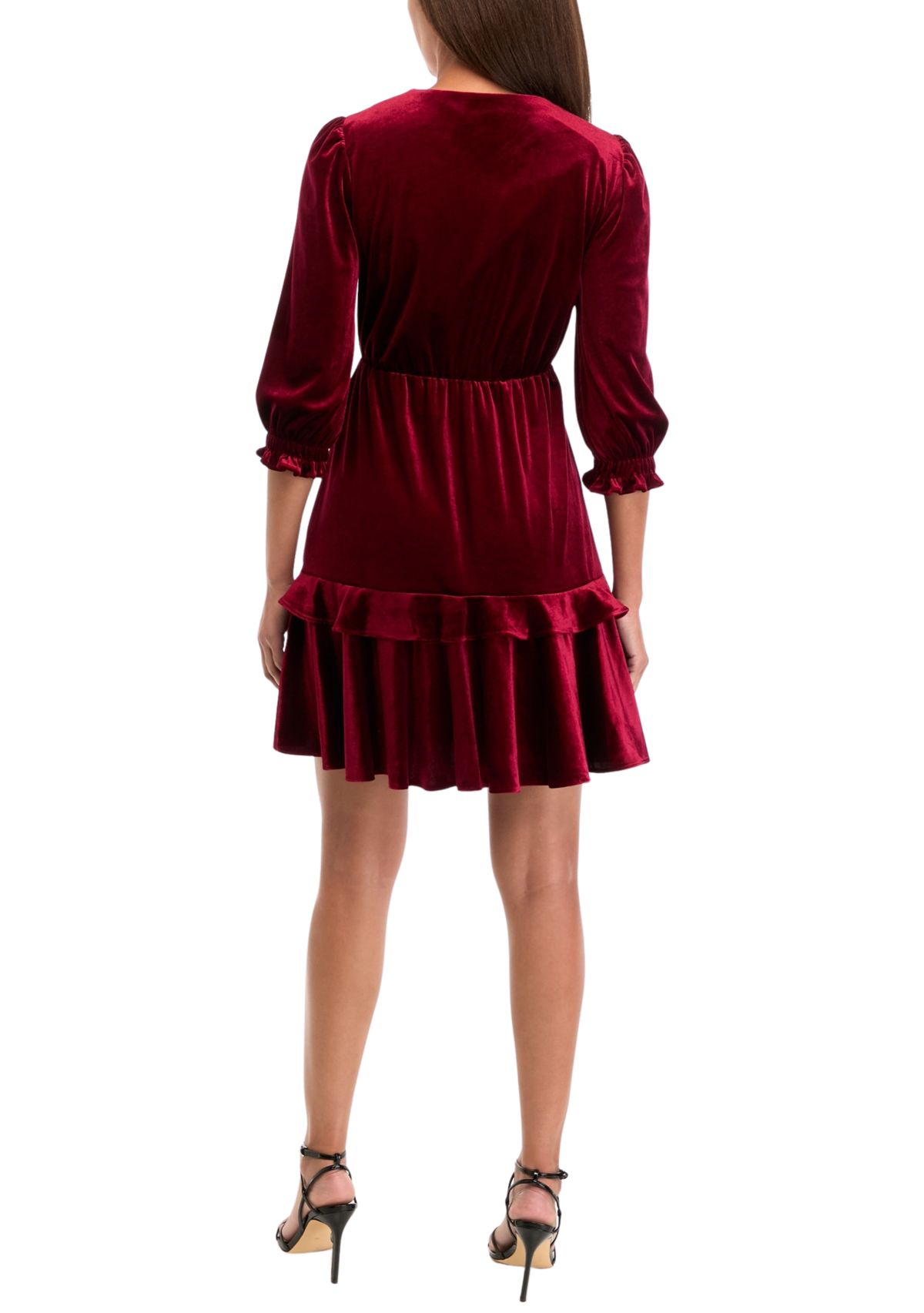 Womens 3/4 Puff Sleeve Velvet Fit and Flare Dress
