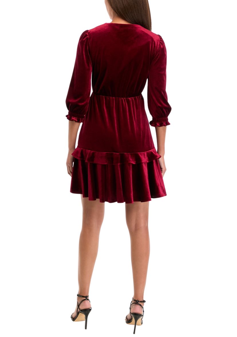 Womens 3/4 Puff Sleeve Velvet Fit and Flare Dress