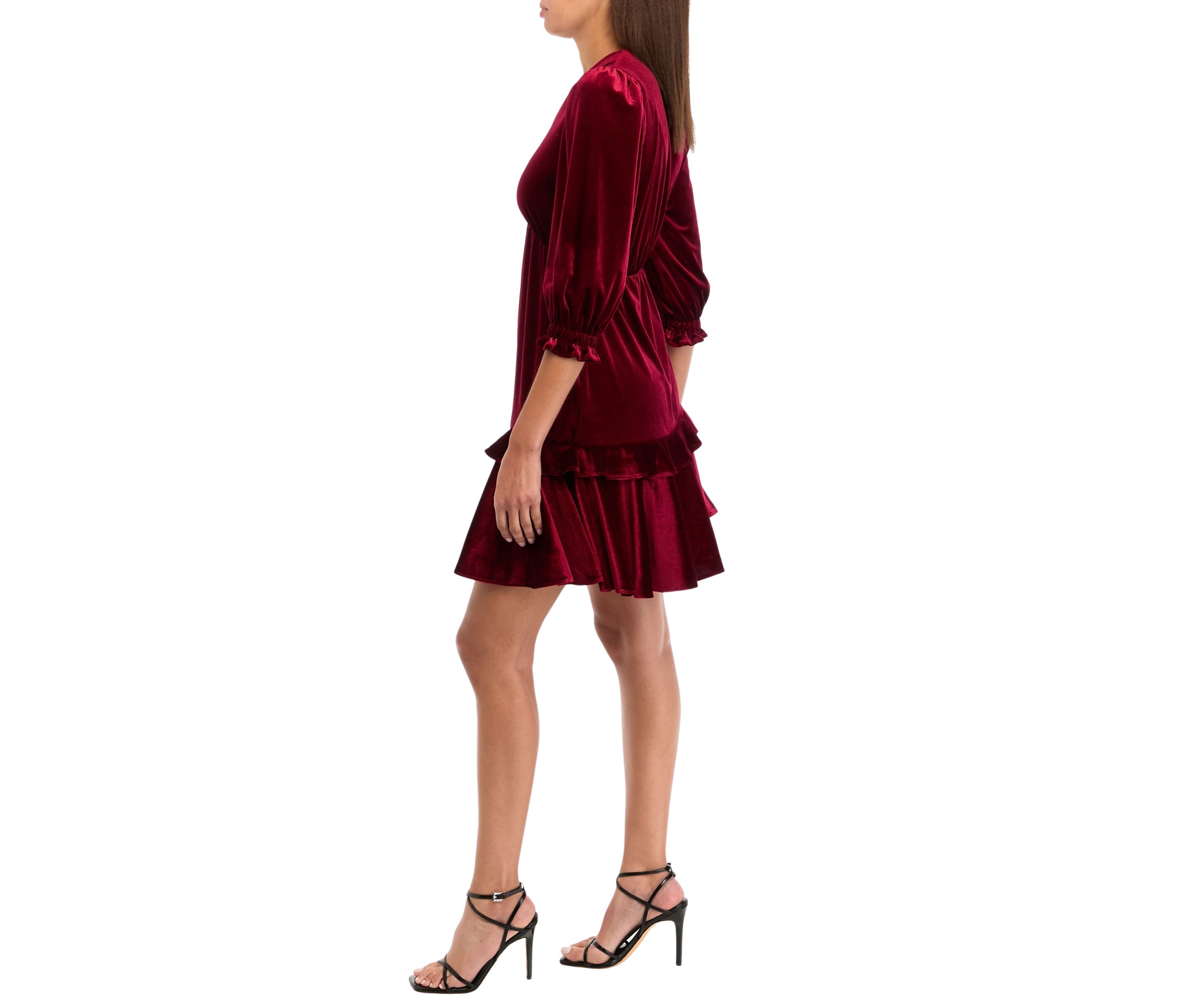 Womens 3/4 Puff Sleeve Velvet Fit and Flare Dress