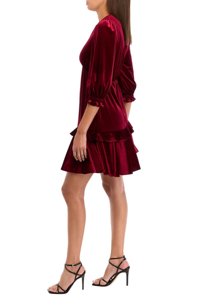 Womens 3/4 Puff Sleeve Velvet Fit and Flare Dress