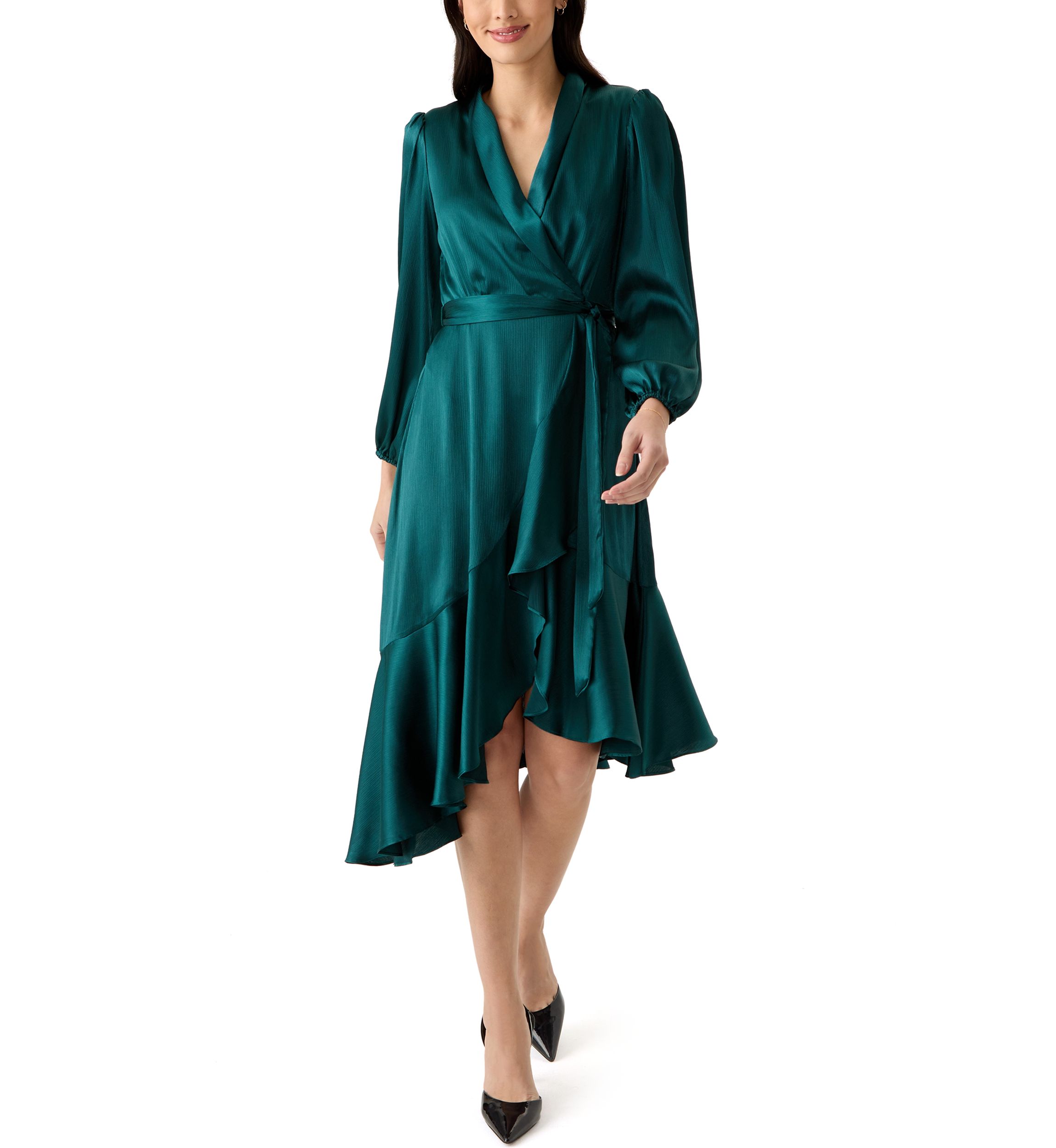 Womens Long Sleeve V-Neck Tie Waist Solid Satin Fit and Flare Dress
