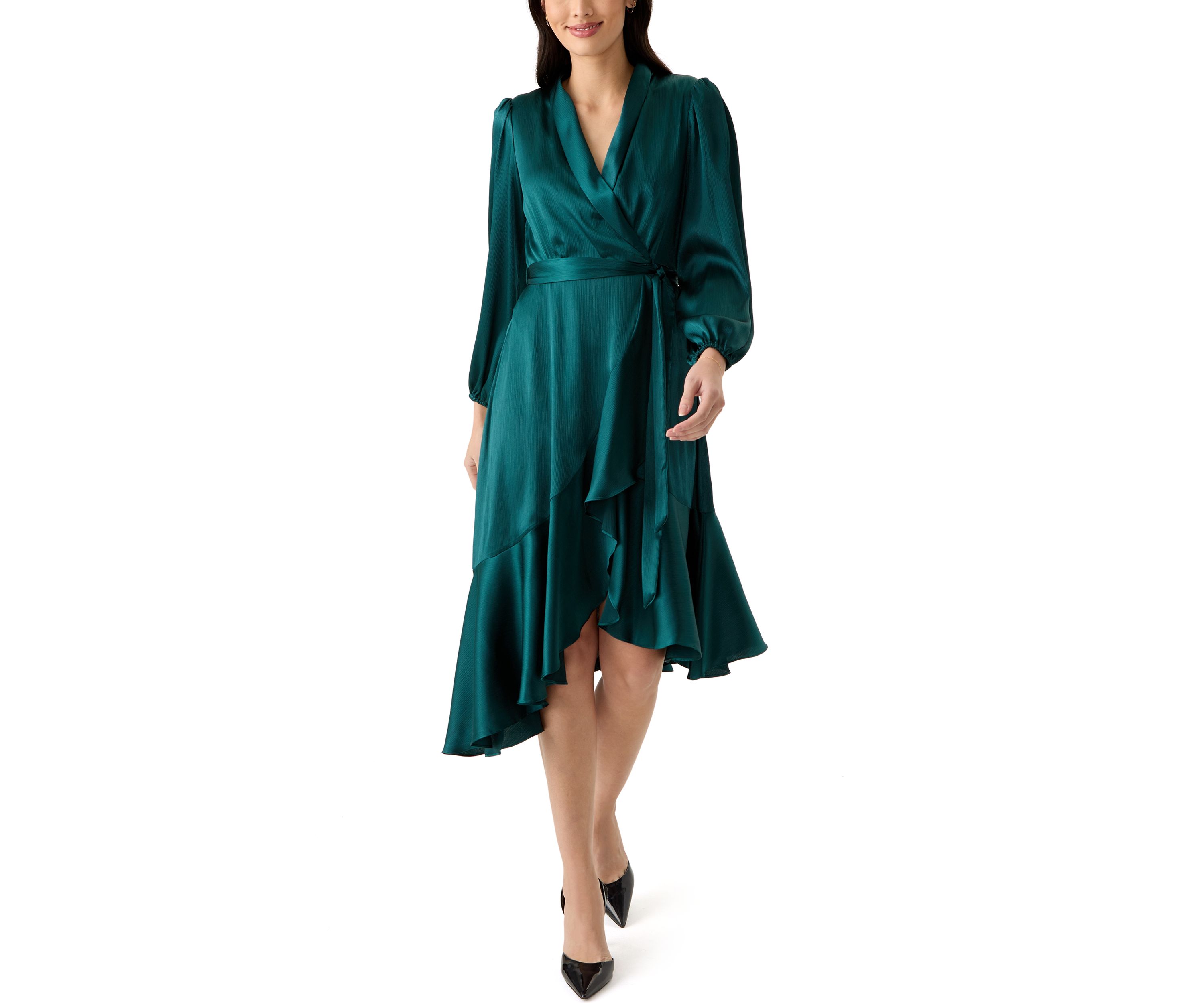Womens Long Sleeve V-Neck Tie Waist Solid Satin Fit and Flare Dress