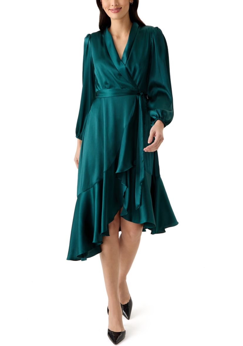 Womens Long Sleeve V-Neck Tie Waist Solid Satin Fit and Flare Dress