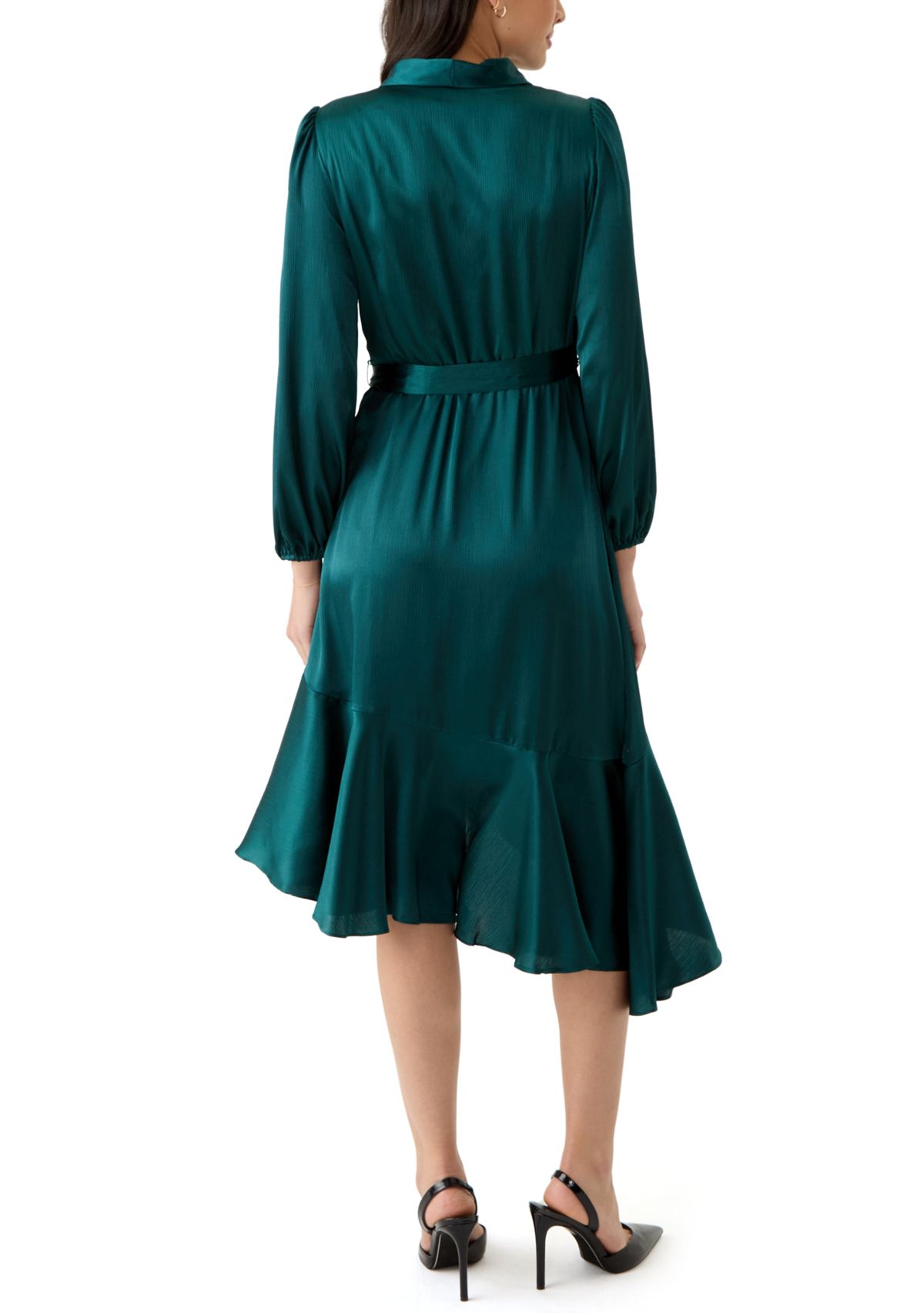 Womens Long Sleeve V-Neck Tie Waist Solid Satin Fit and Flare Dress