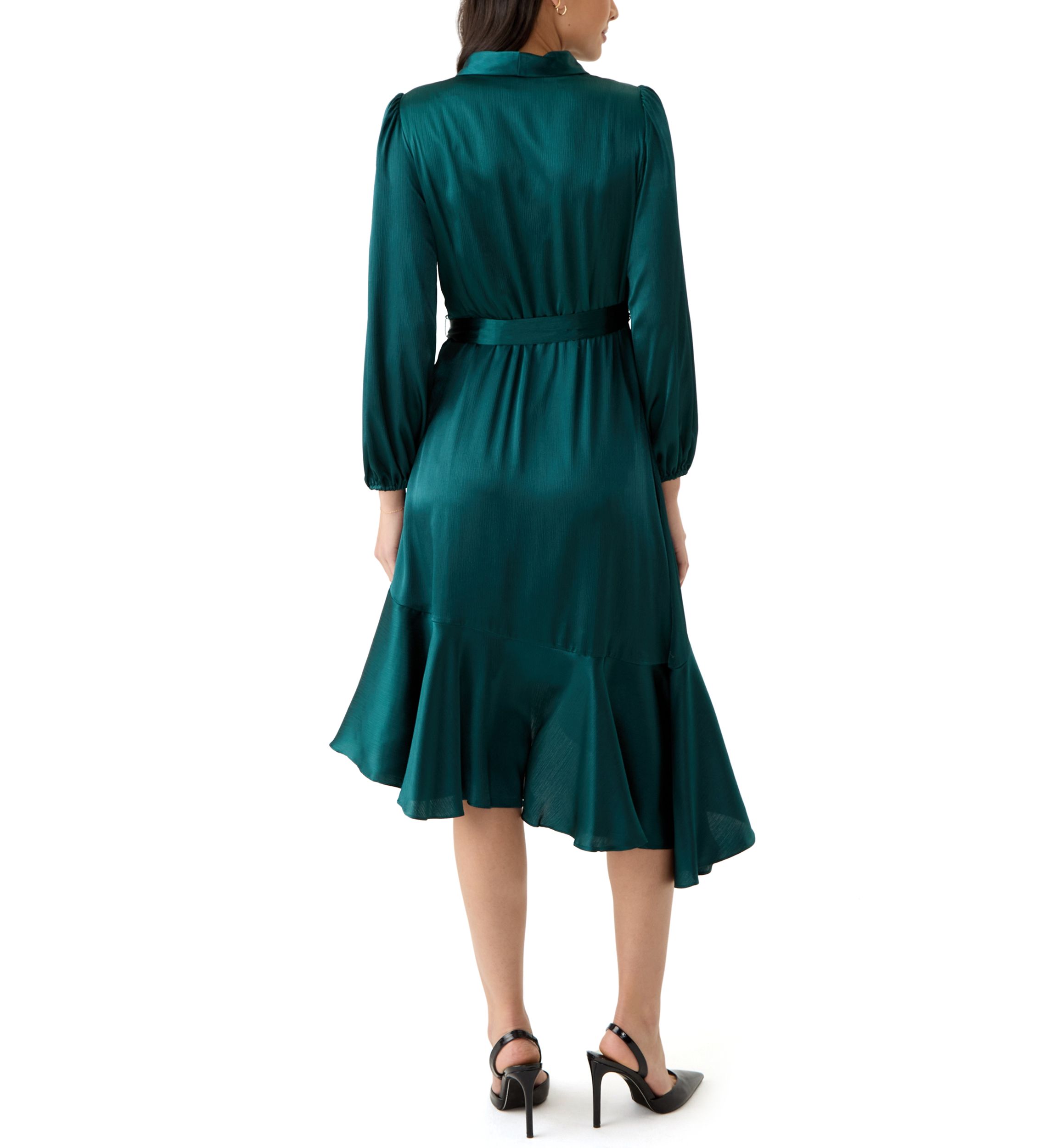 Womens Long Sleeve V-Neck Tie Waist Solid Satin Fit and Flare Dress