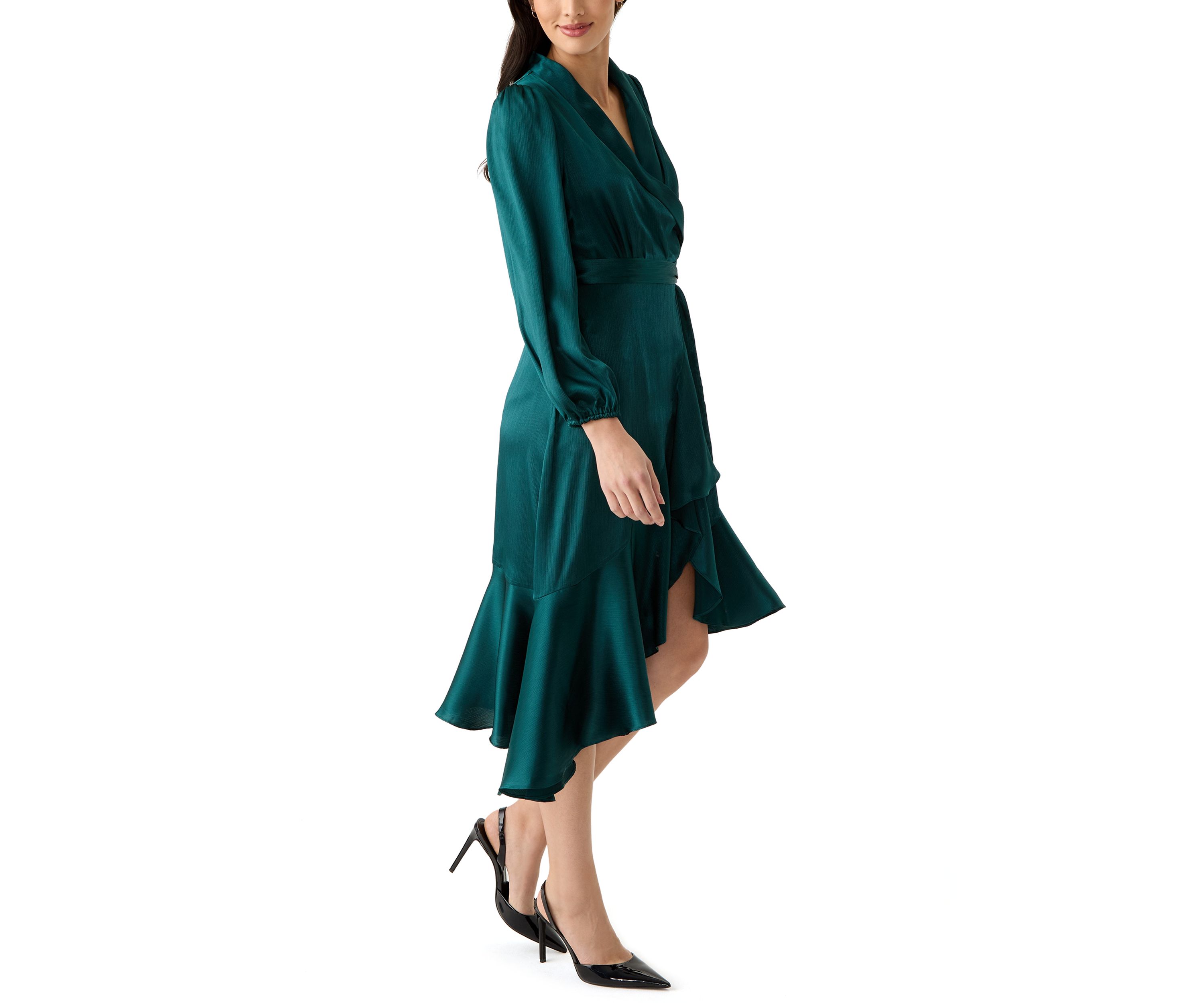 Womens Long Sleeve V-Neck Tie Waist Solid Satin Fit and Flare Dress