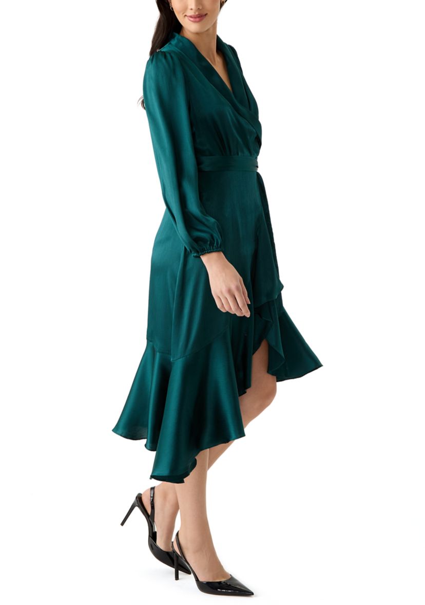 Womens Long Sleeve V-Neck Tie Waist Solid Satin Fit and Flare Dress