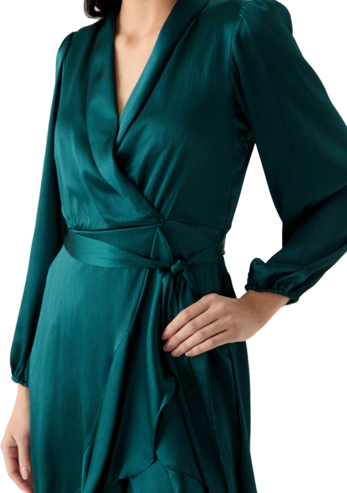 Womens Long Sleeve V-Neck Tie Waist Solid Satin Fit and Flare Dress