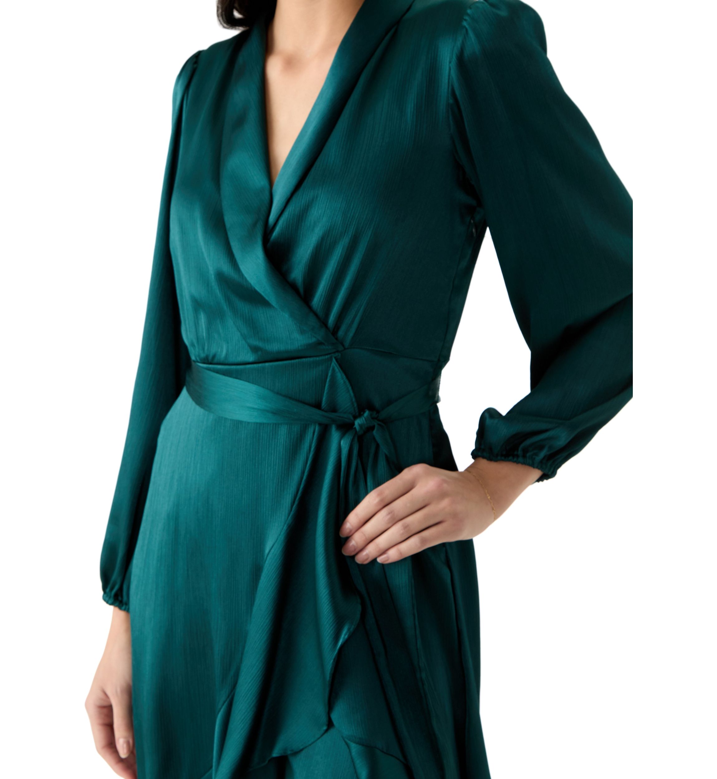 Womens Long Sleeve V-Neck Tie Waist Solid Satin Fit and Flare Dress
