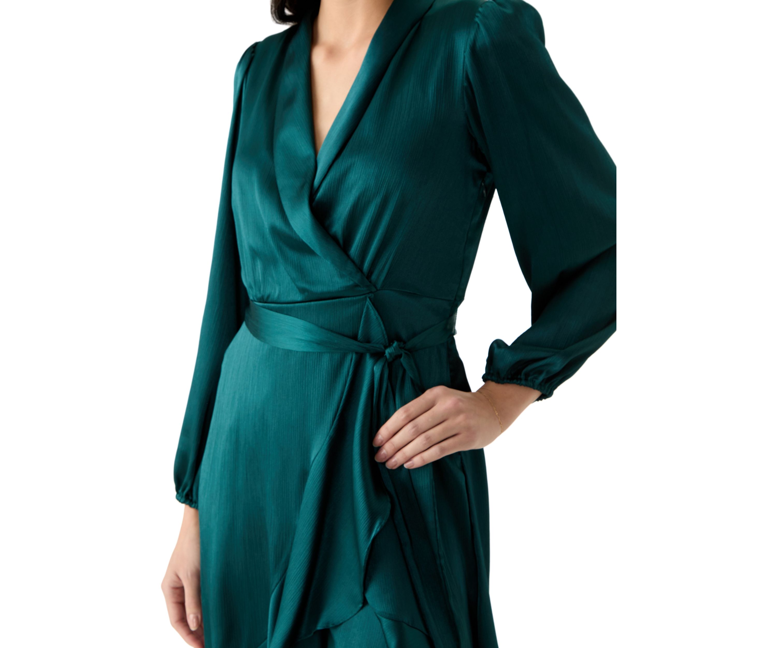 Womens Long Sleeve V-Neck Tie Waist Solid Satin Fit and Flare Dress