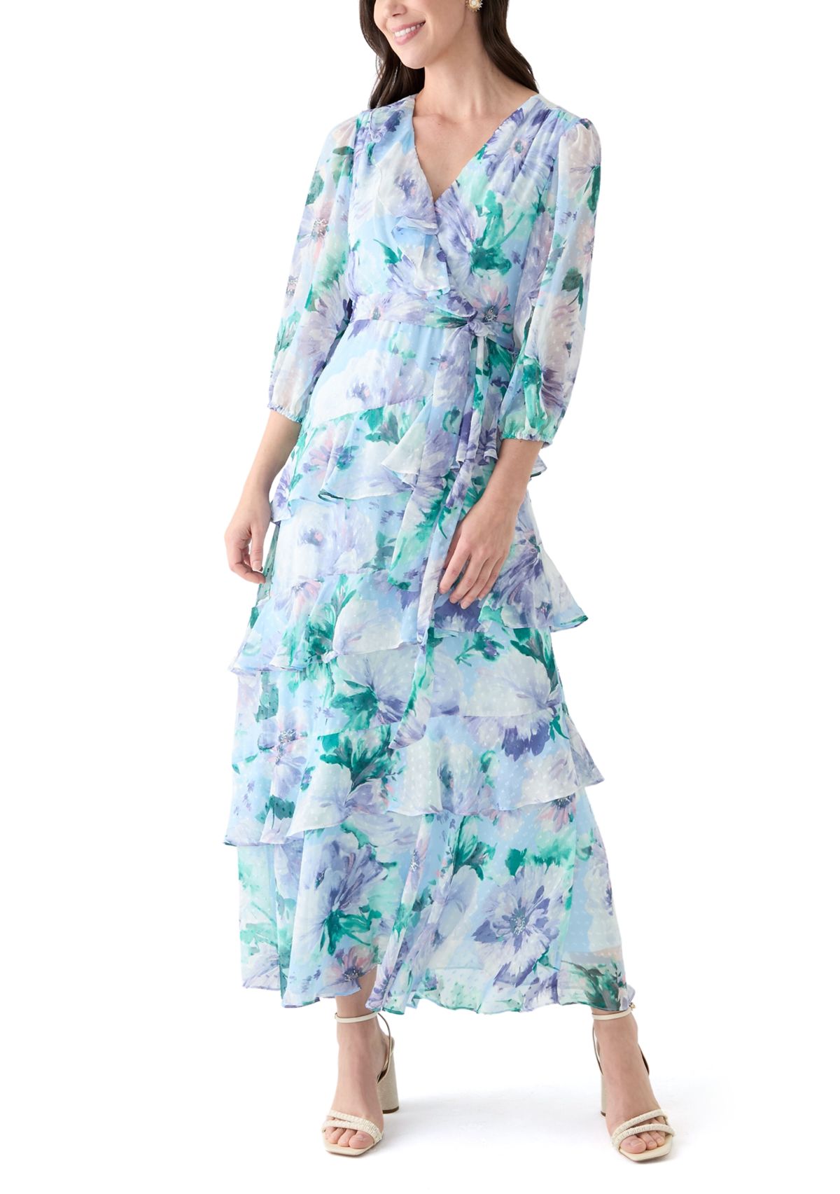 Womens 3/4 Sleeve V-Neck Floral Print Maxi Dress