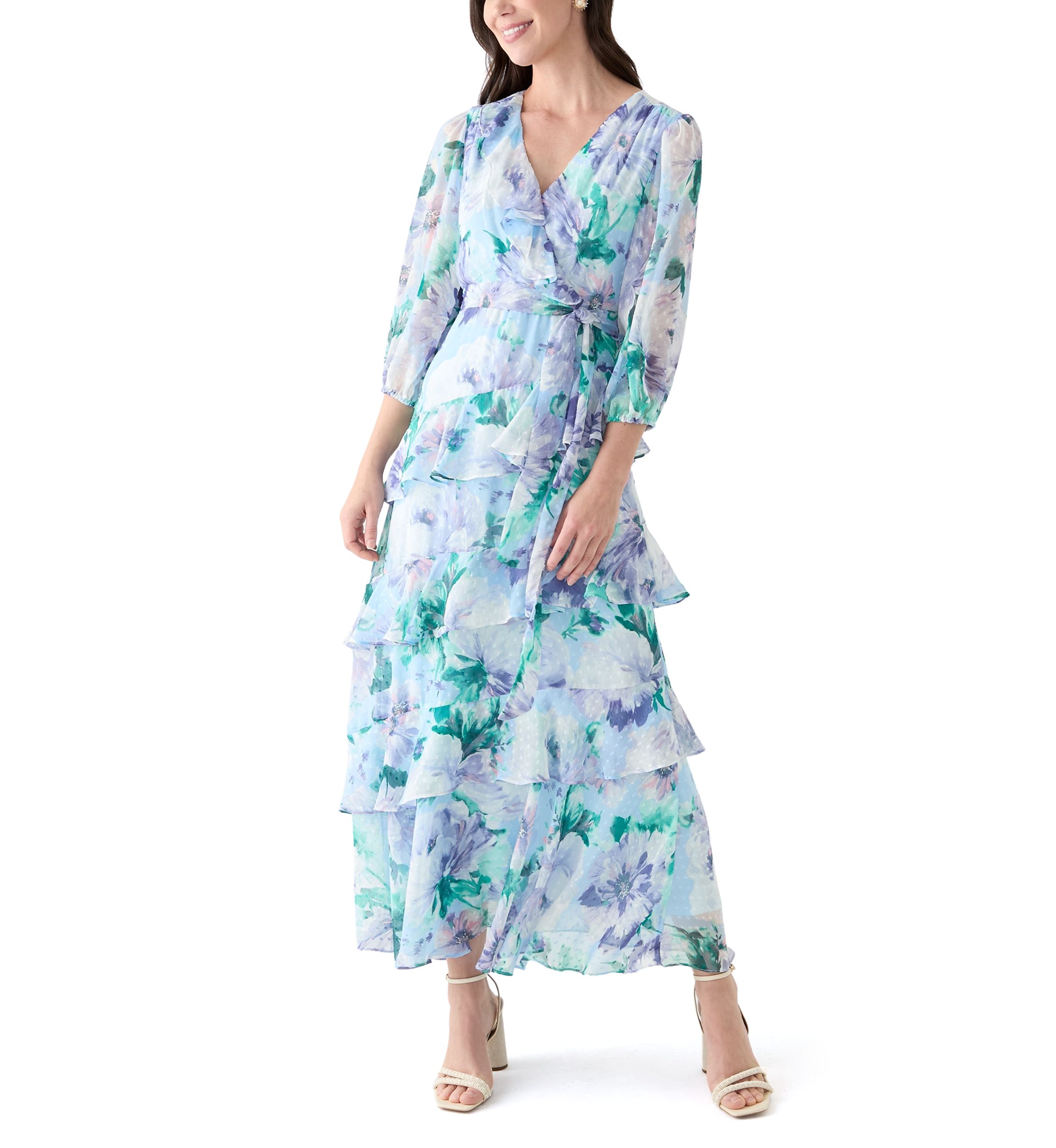 Womens 3/4 Sleeve V-Neck Floral Print Maxi Dress