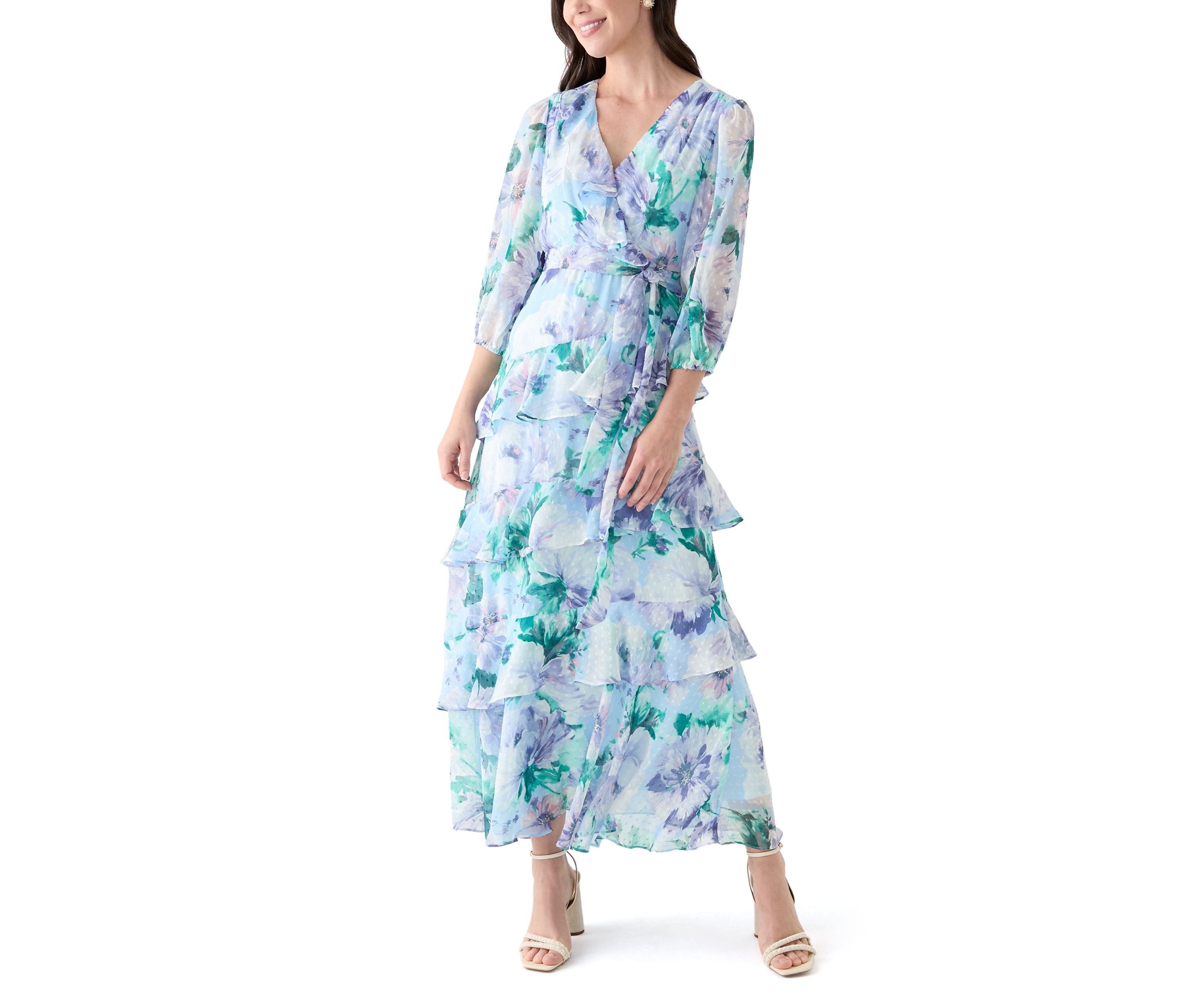 Womens 3/4 Sleeve V-Neck Floral Print Maxi Dress