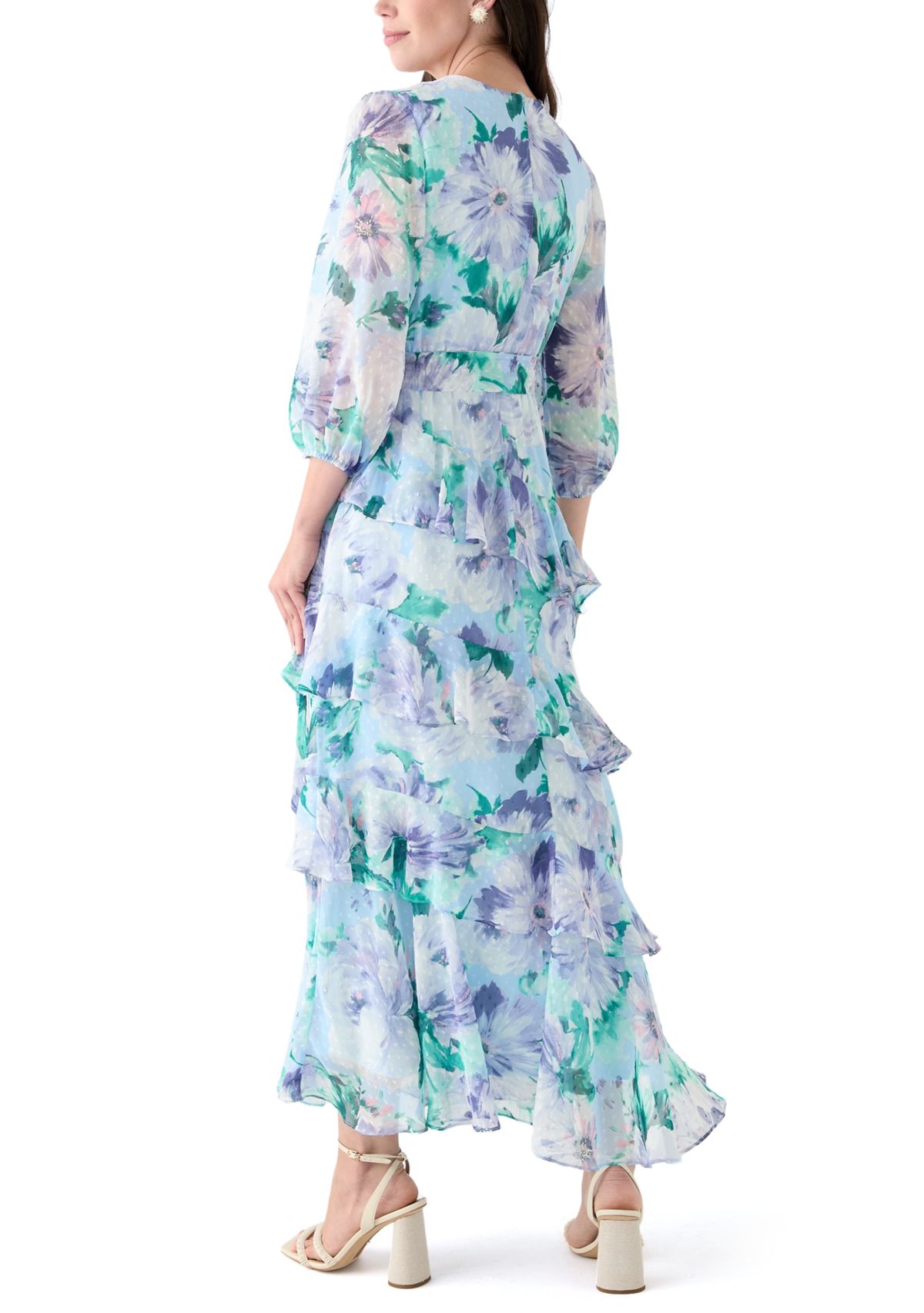 Womens 3/4 Sleeve V-Neck Floral Print Maxi Dress