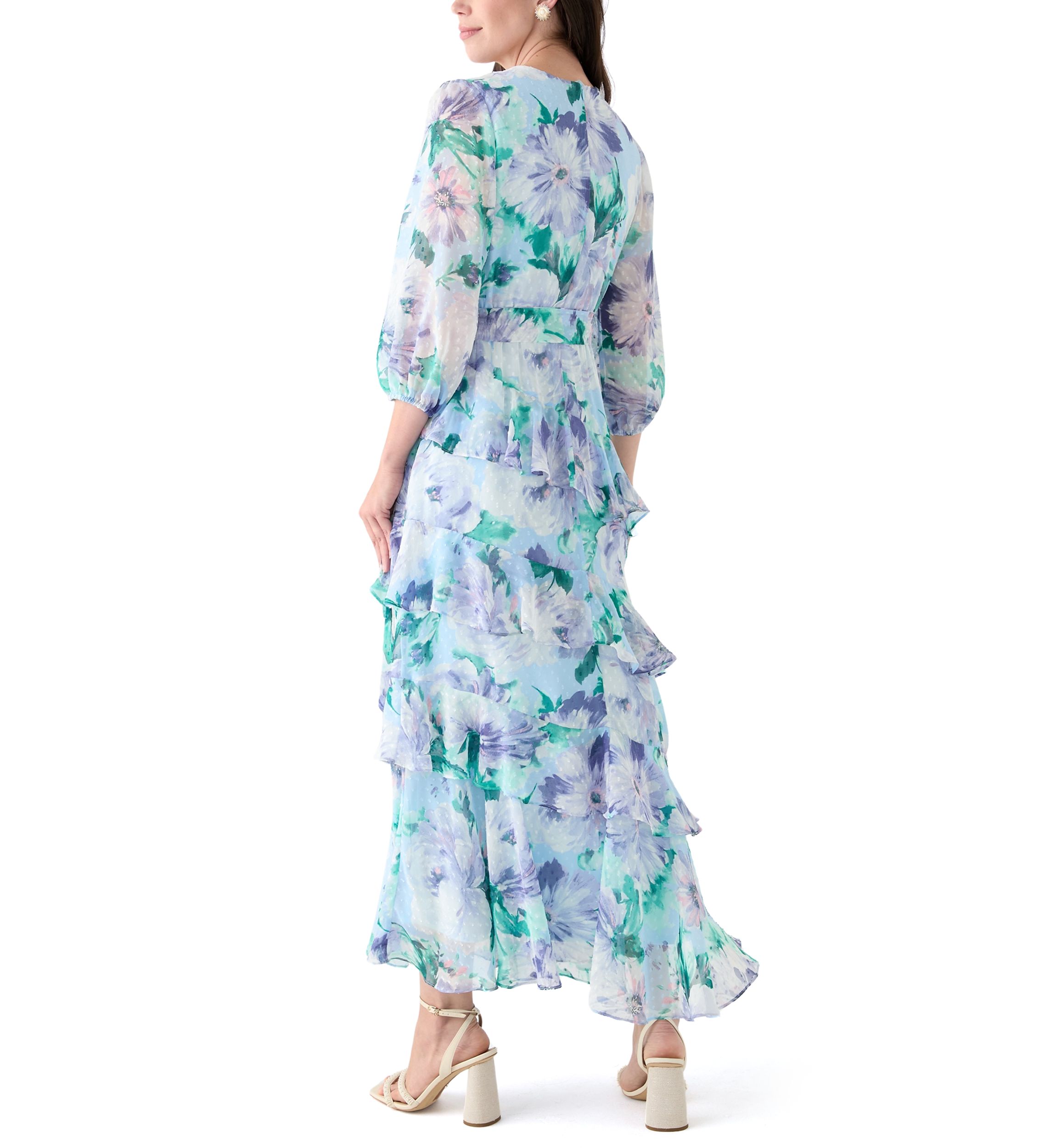 Womens 3/4 Sleeve V-Neck Floral Print Maxi Dress