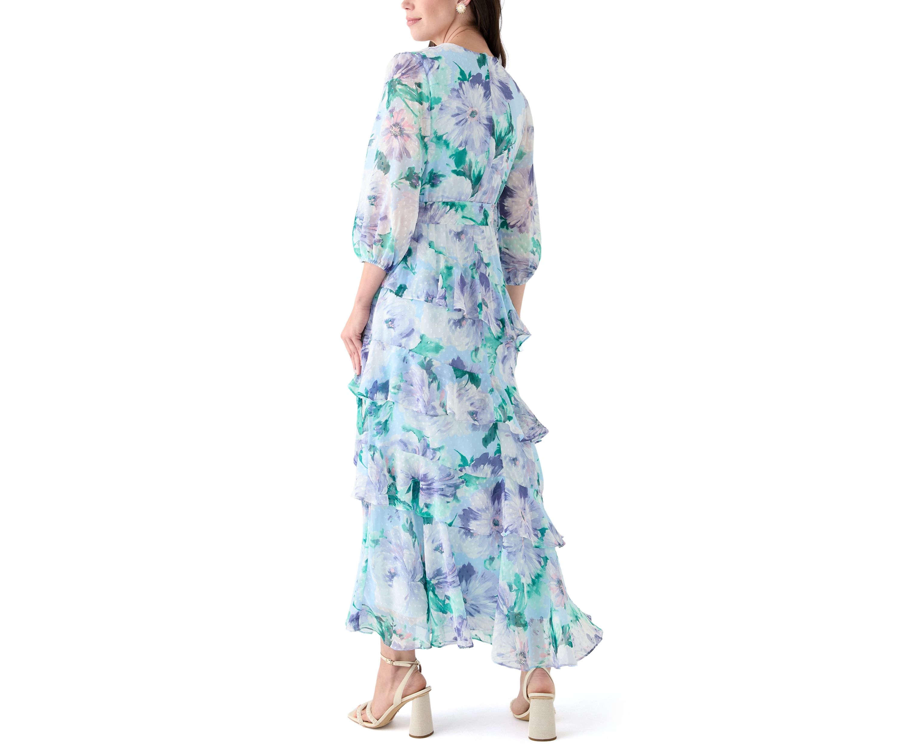 Womens 3/4 Sleeve V-Neck Floral Print Maxi Dress