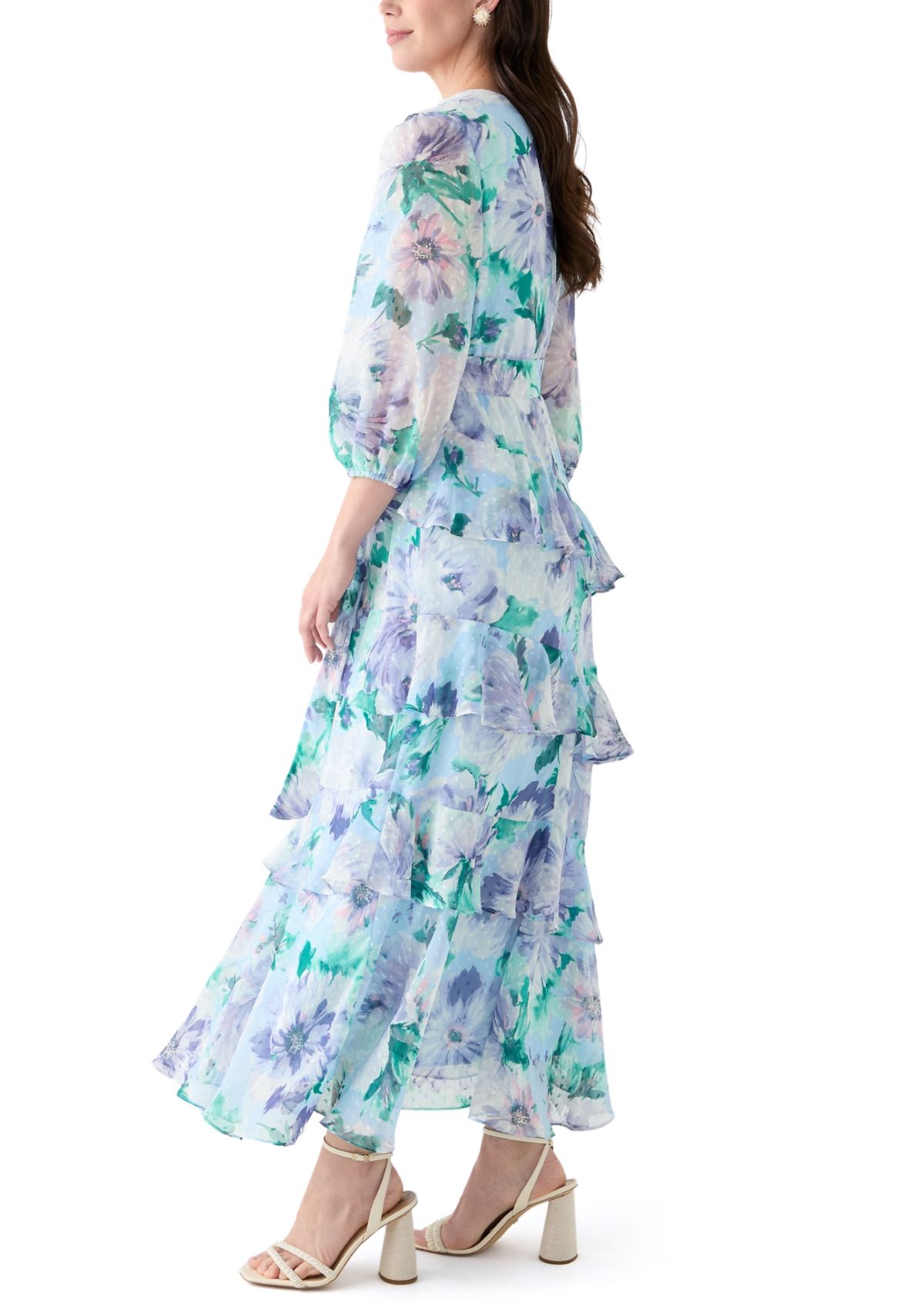 Womens 3/4 Sleeve V-Neck Floral Print Maxi Dress