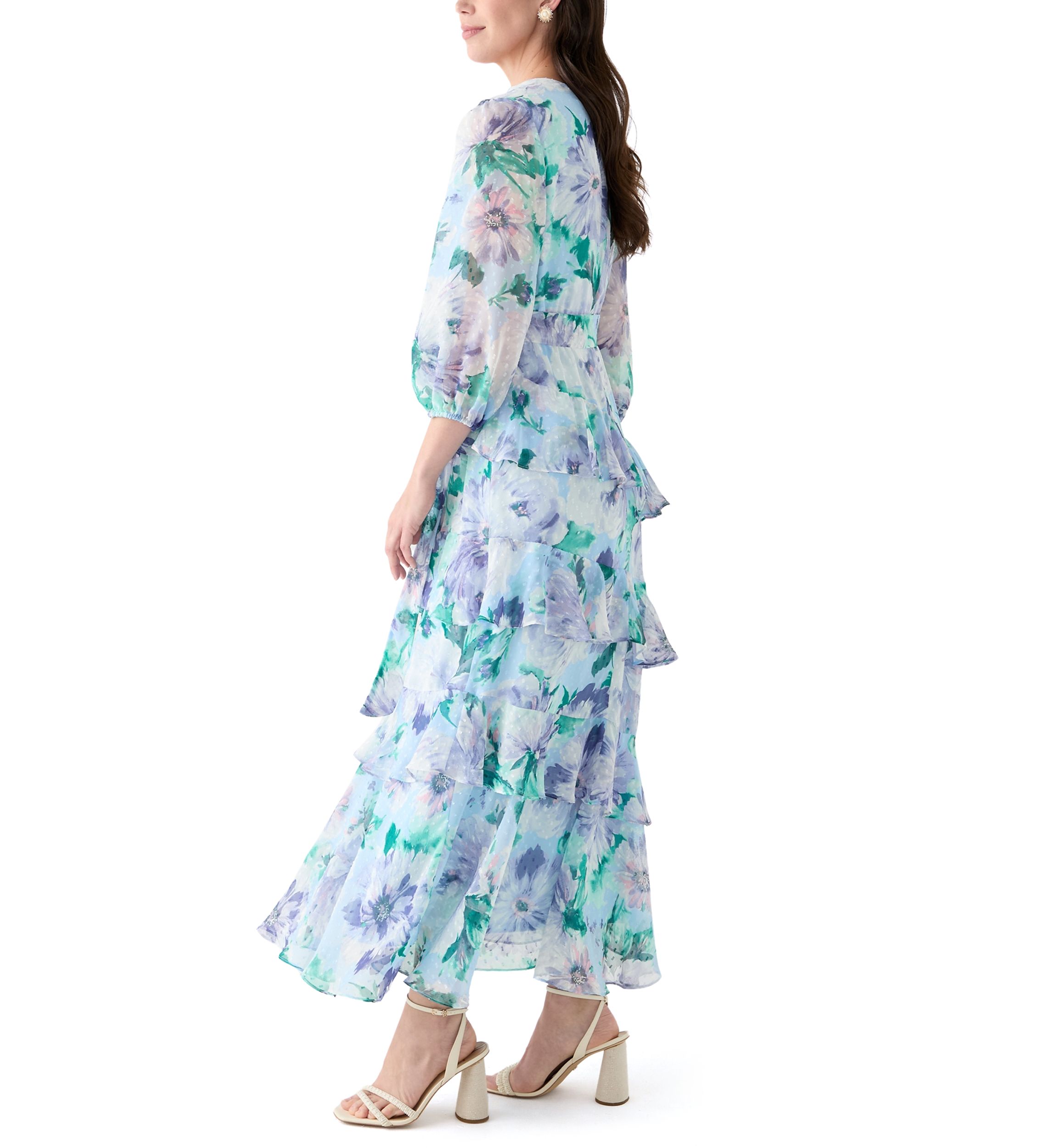 Womens 3/4 Sleeve V-Neck Floral Print Maxi Dress