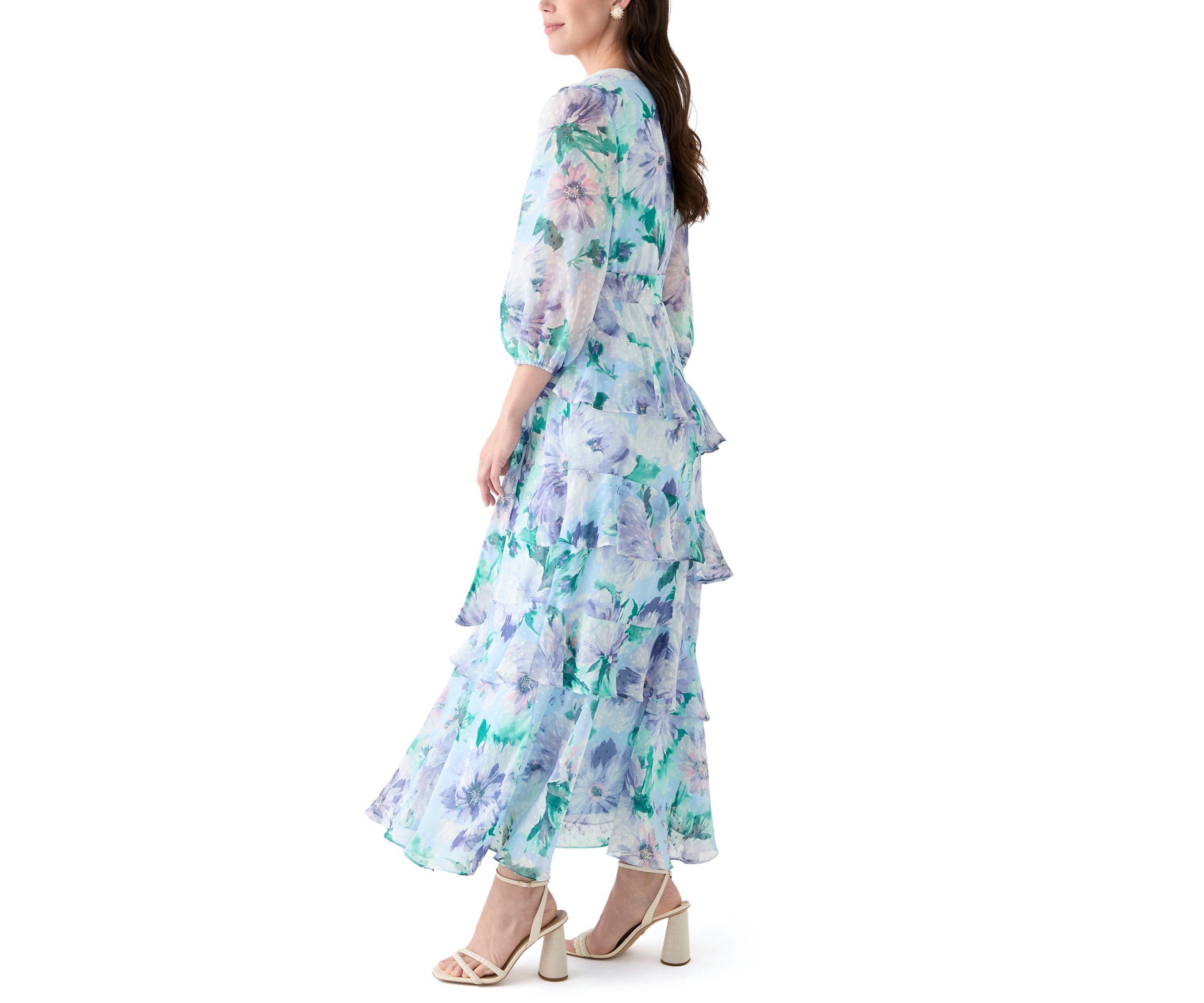 Womens 3/4 Sleeve V-Neck Floral Print Maxi Dress