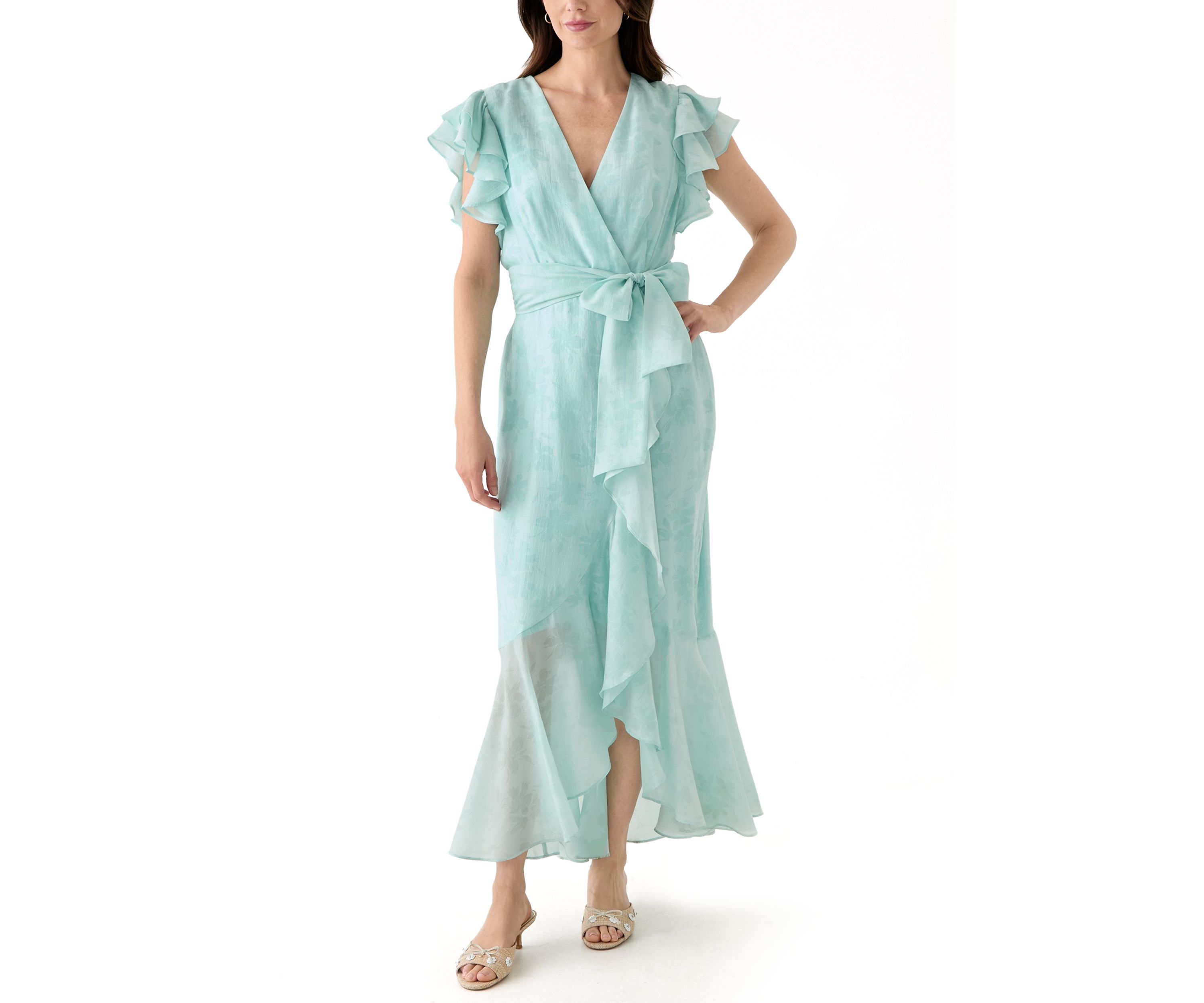 Womens Flutter Sleeve Floral Print Chiffon Dress