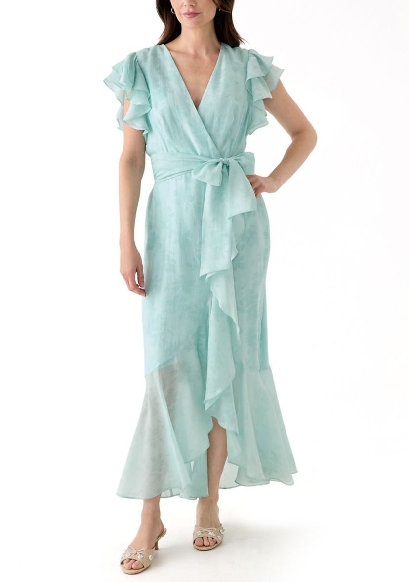 Womens Flutter Sleeve Floral Print Chiffon Dress