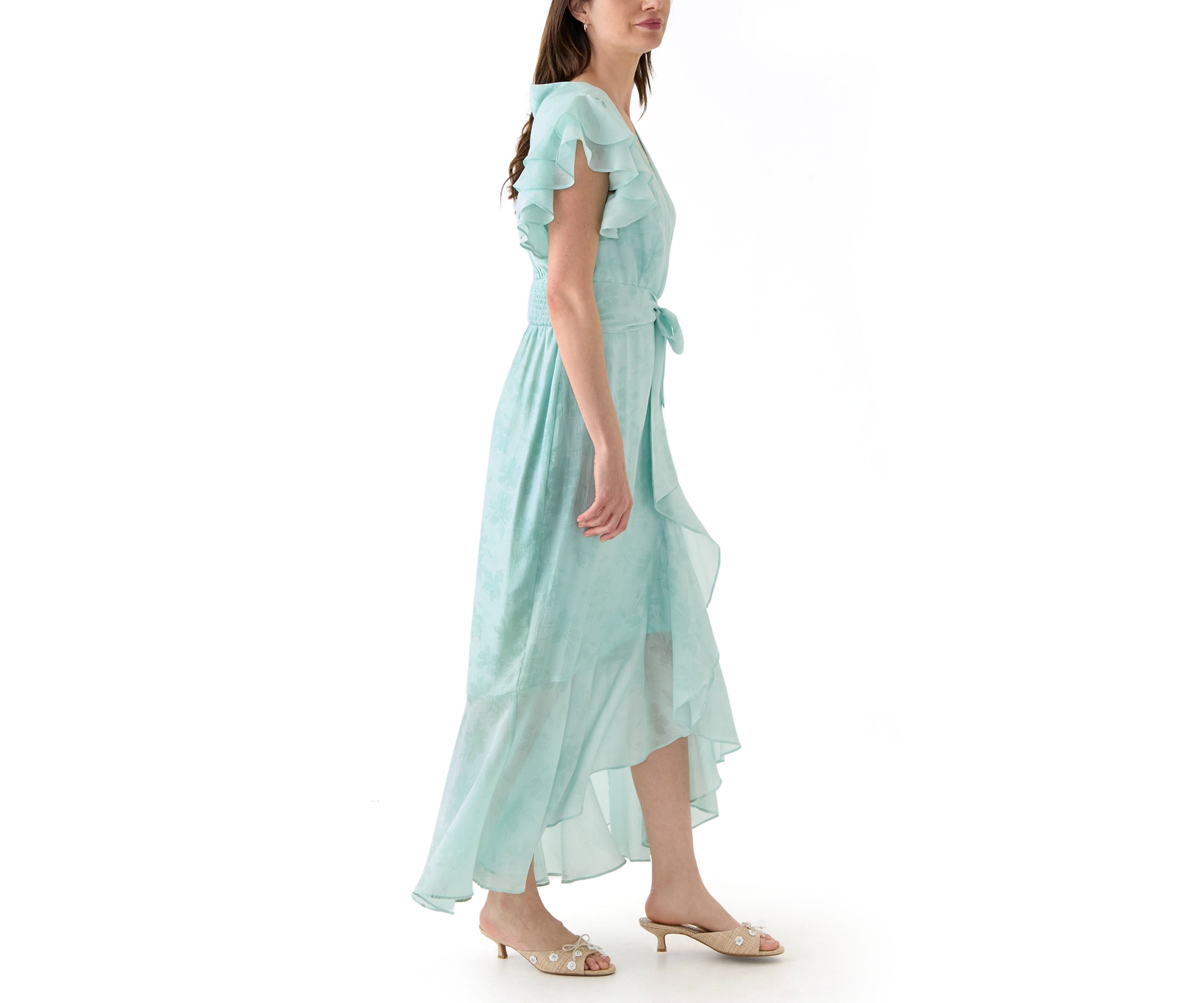 Womens Flutter Sleeve Floral Print Chiffon Dress