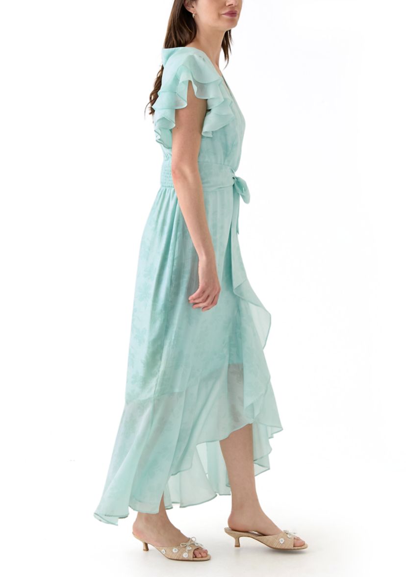 Womens Flutter Sleeve Floral Print Chiffon Dress