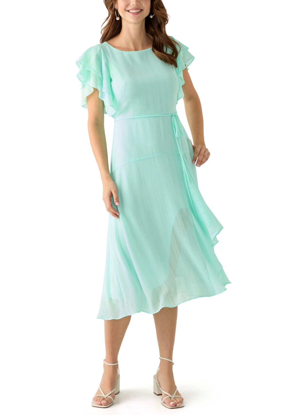 Womens Flutter Sleeve Solid Fit and Flare Dress