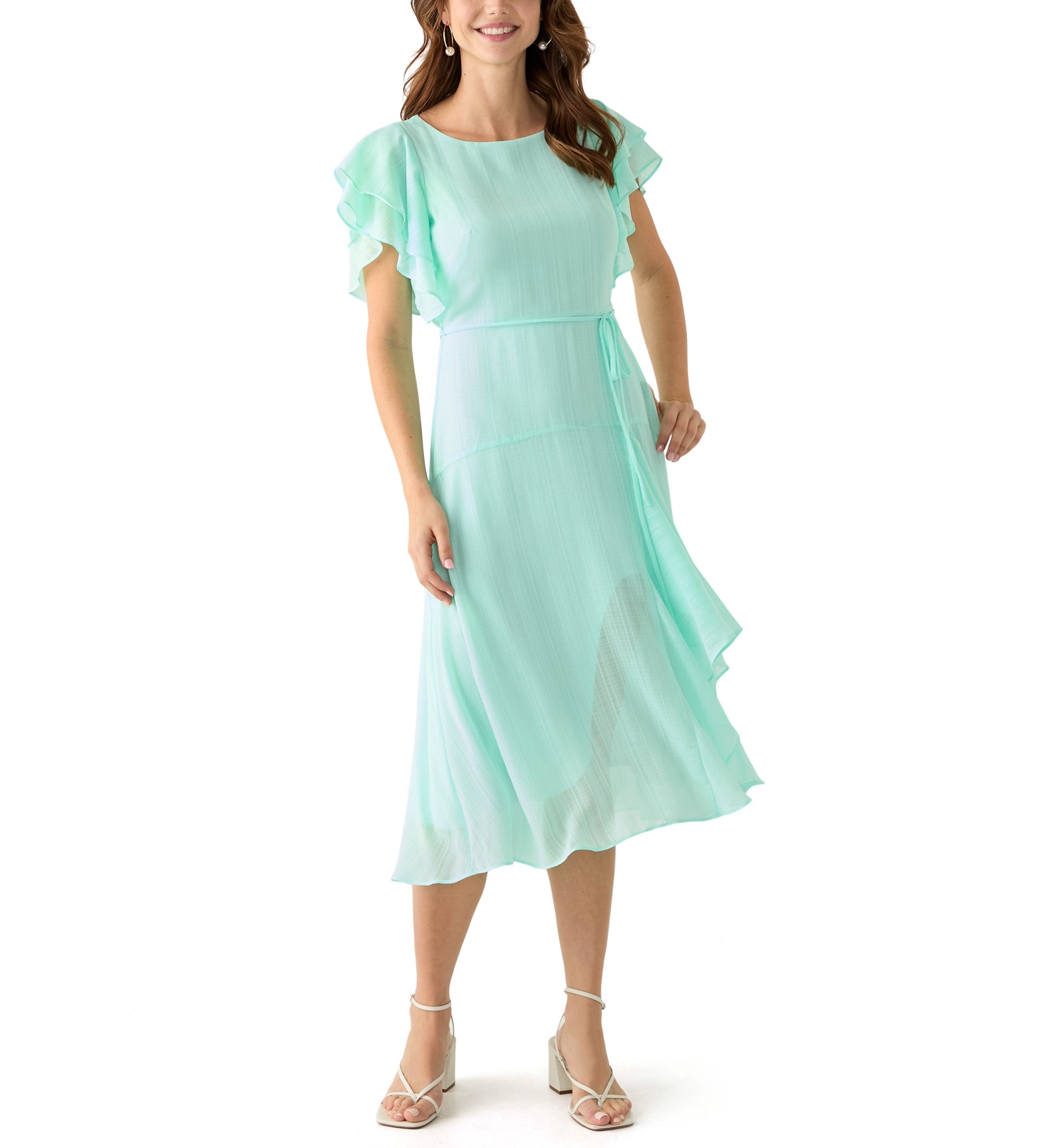 Womens Flutter Sleeve Solid Fit and Flare Dress
