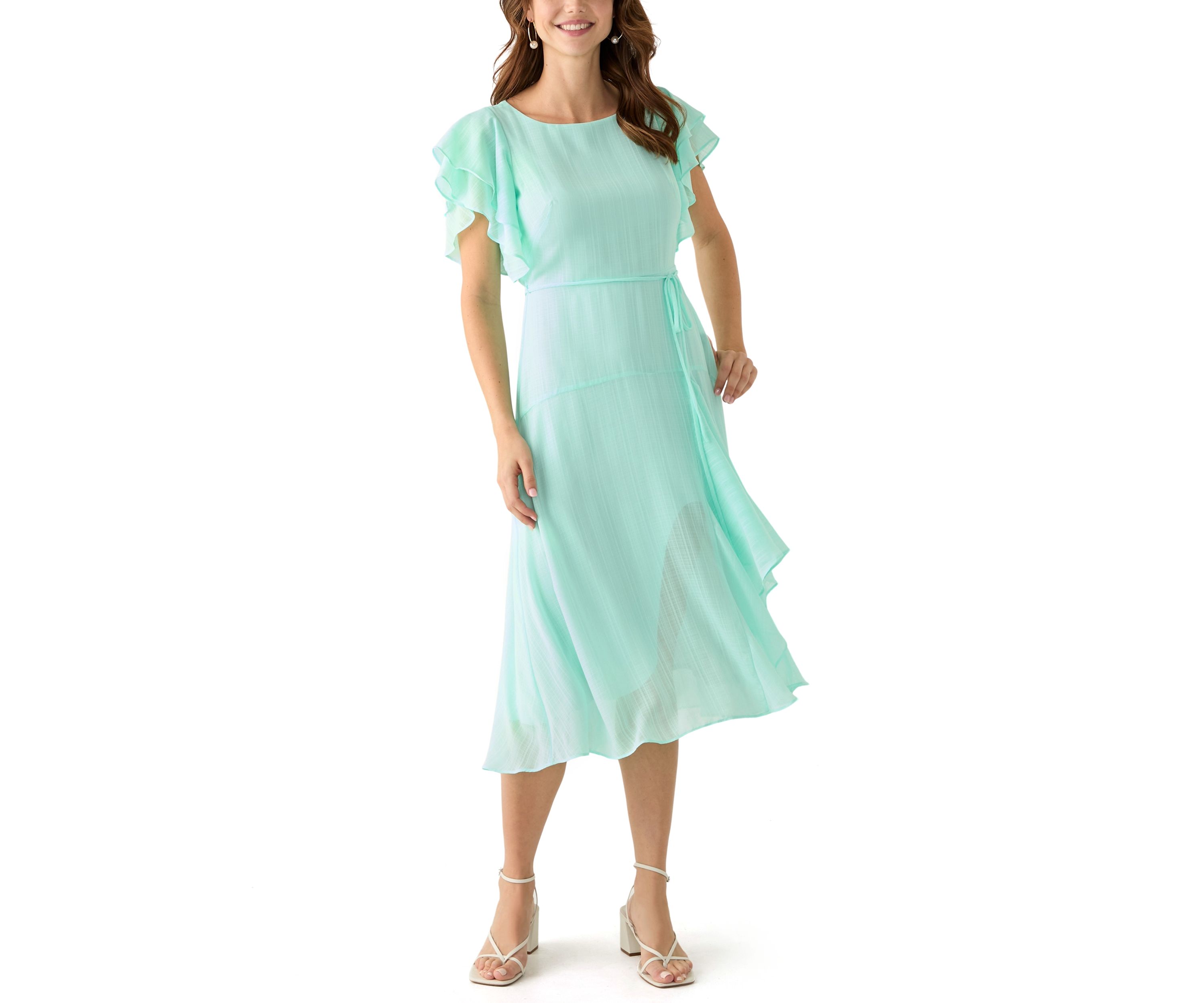 Womens Flutter Sleeve Solid Fit and Flare Dress