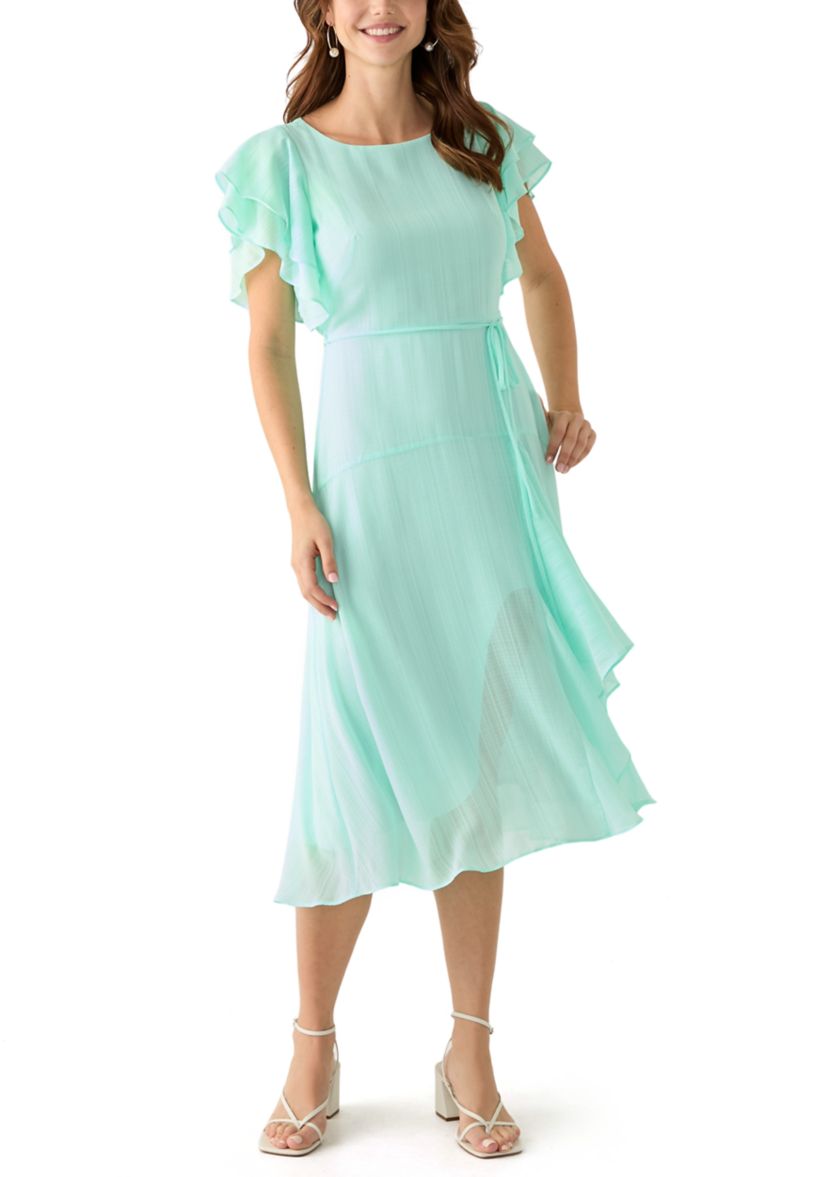 Womens Flutter Sleeve Solid Fit and Flare Dress