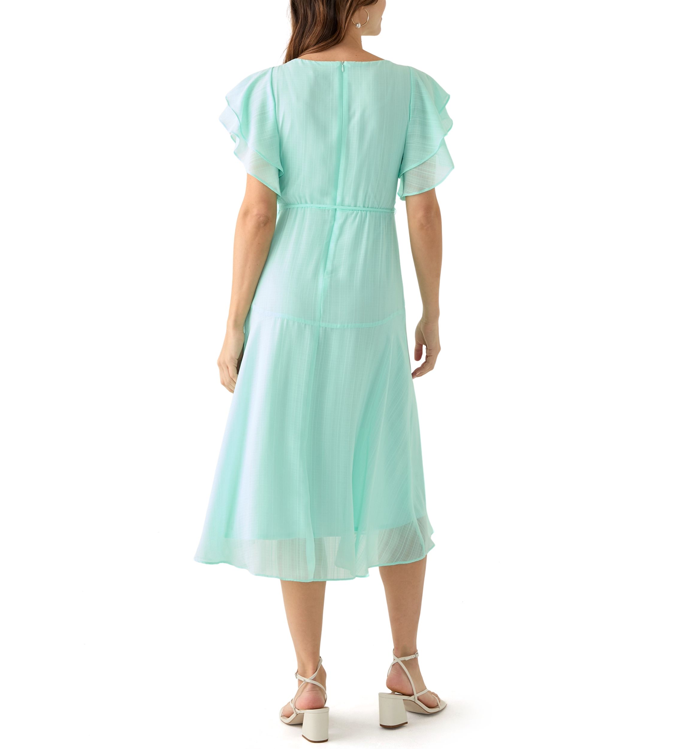 Womens Flutter Sleeve Solid Fit and Flare Dress