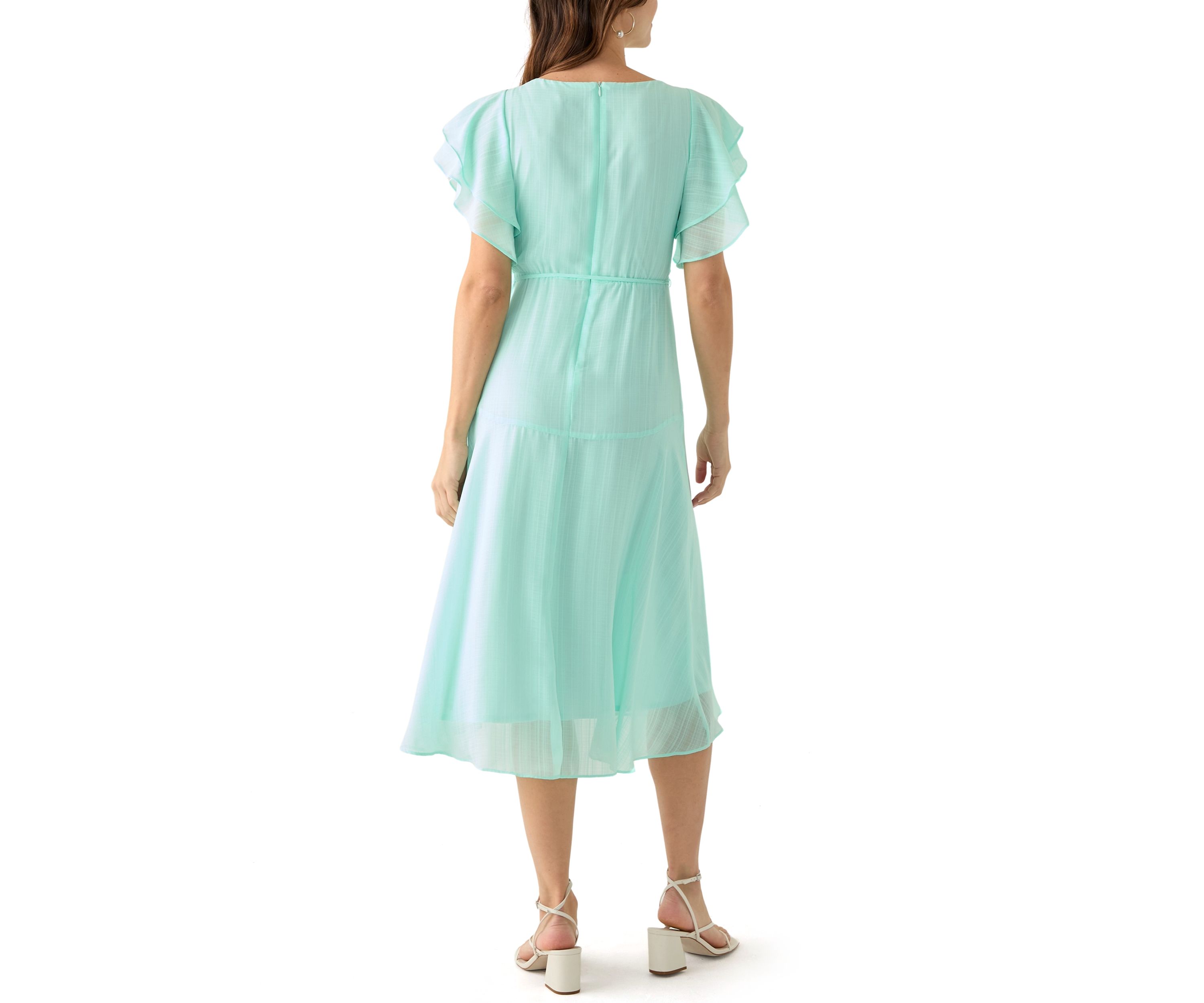 Womens Flutter Sleeve Solid Fit and Flare Dress