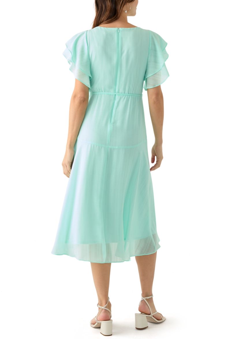 Womens Flutter Sleeve Solid Fit and Flare Dress