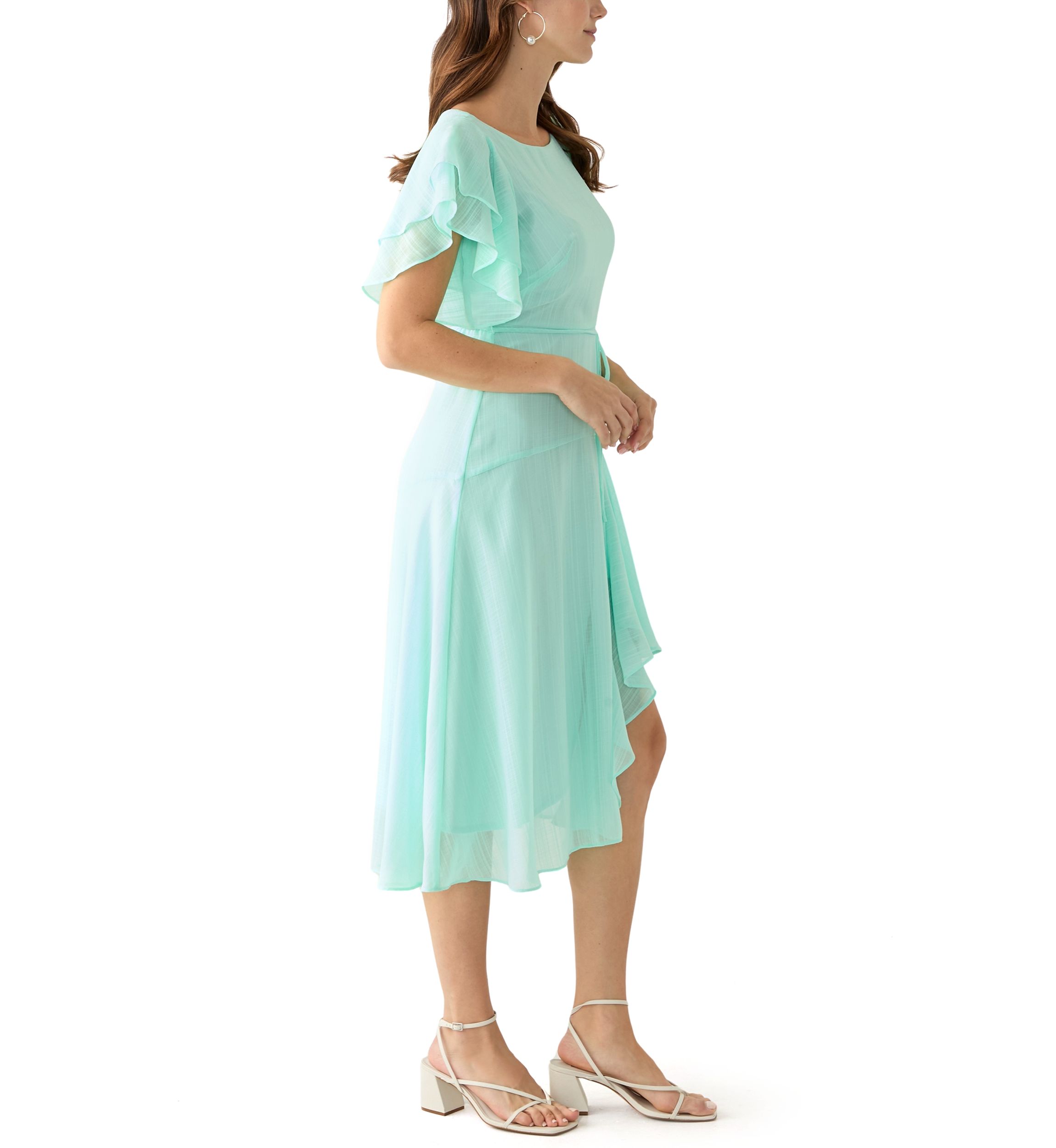 Womens Flutter Sleeve Solid Fit and Flare Dress