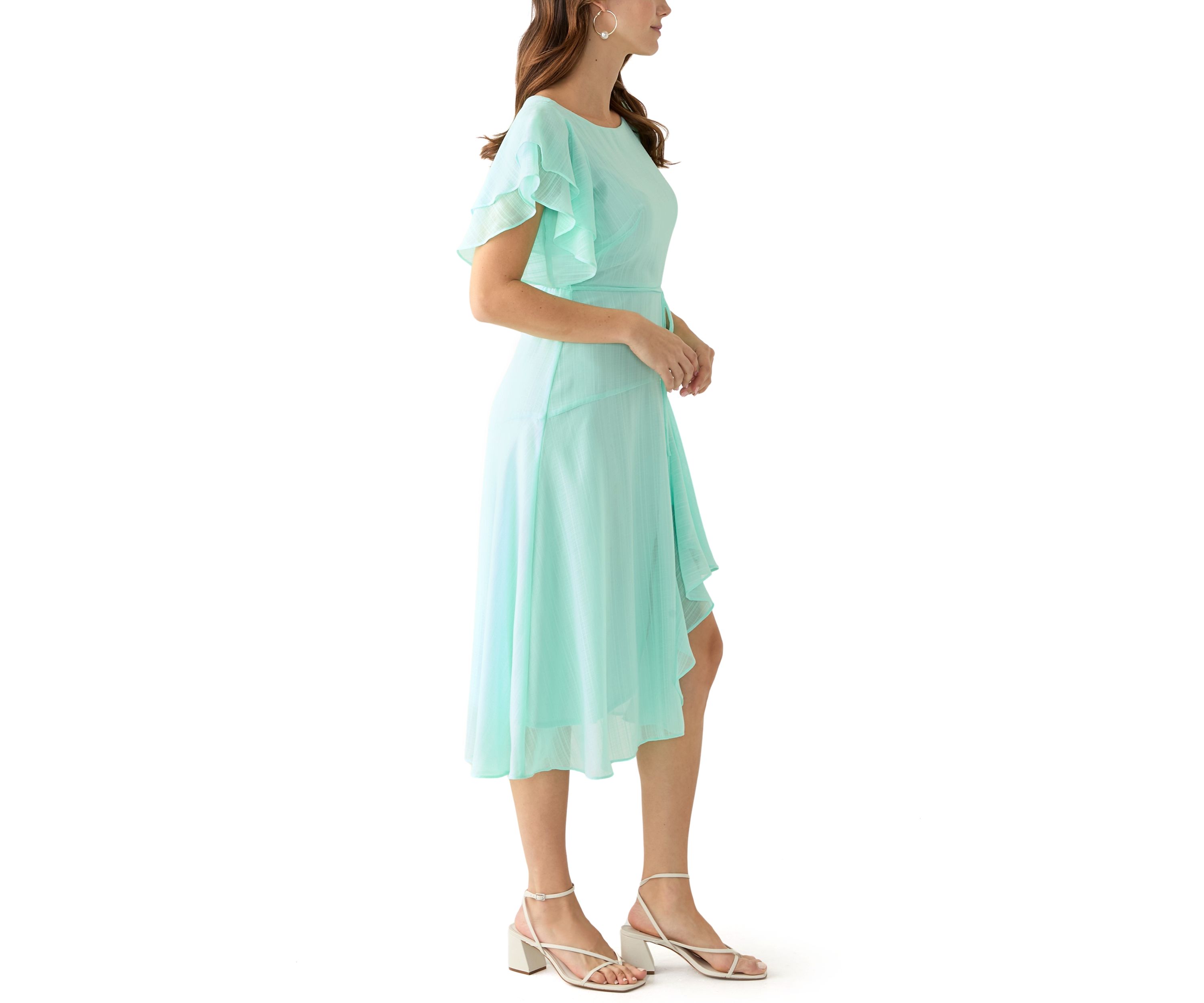 Womens Flutter Sleeve Solid Fit and Flare Dress