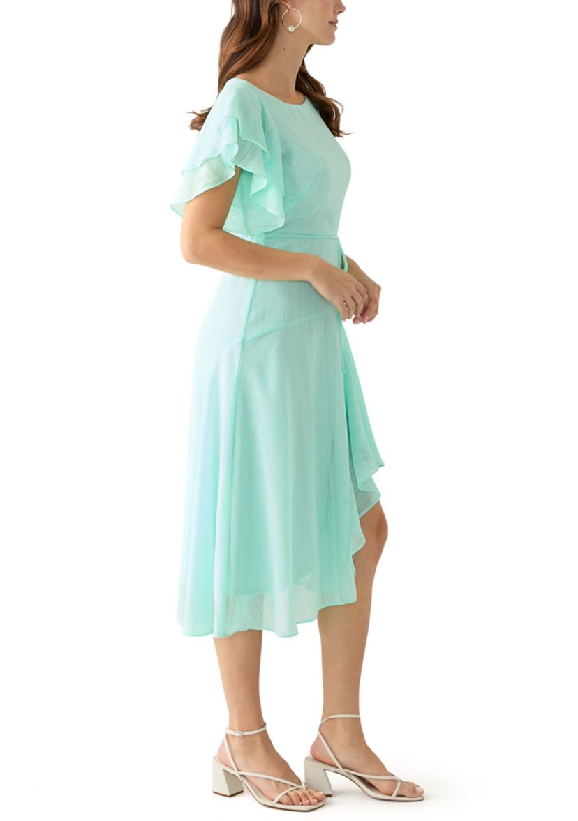 Womens Flutter Sleeve Solid Fit and Flare Dress