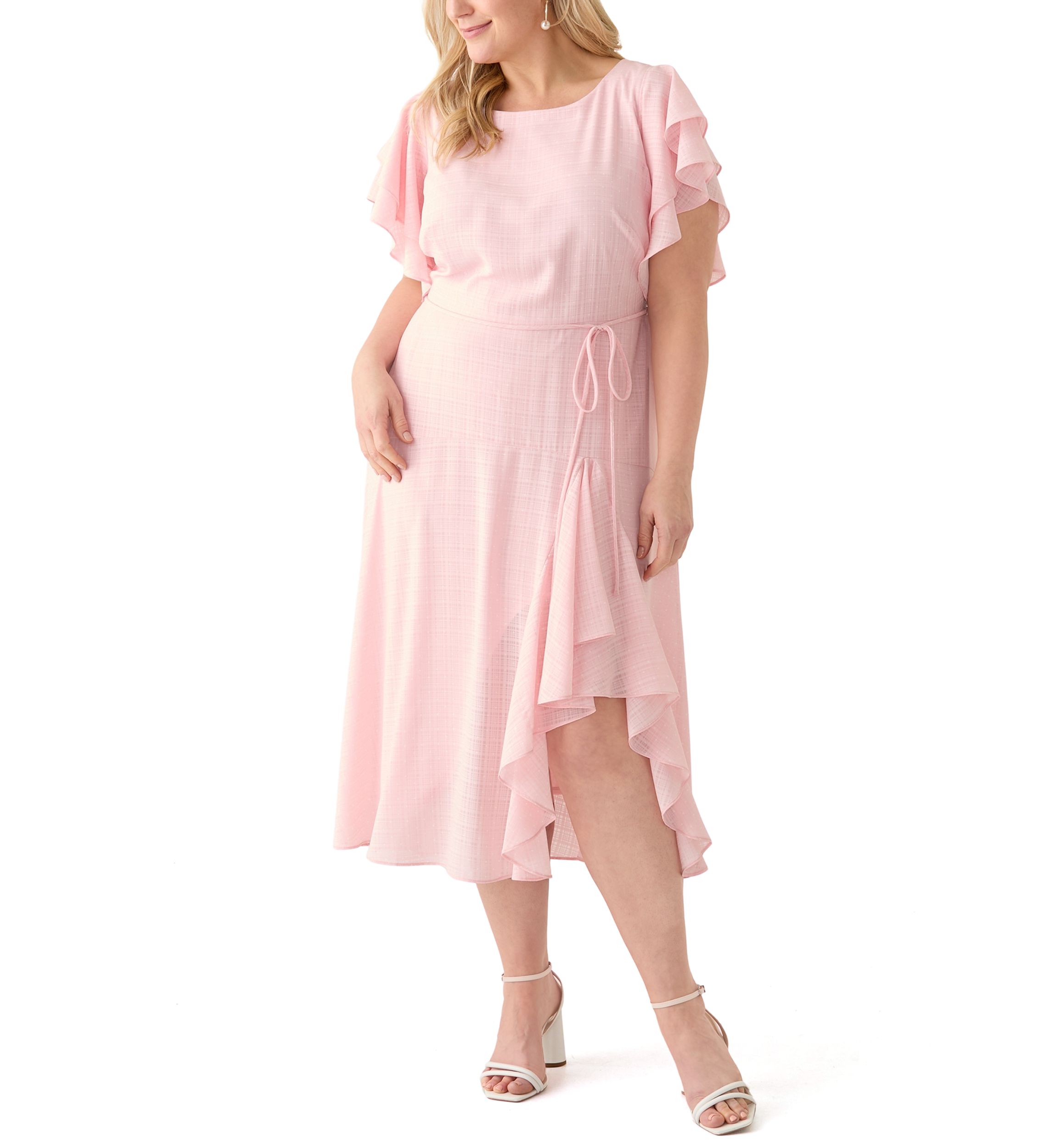 Plus Size Short Sleeve Crew Neck Dot Print Chiffon Dress