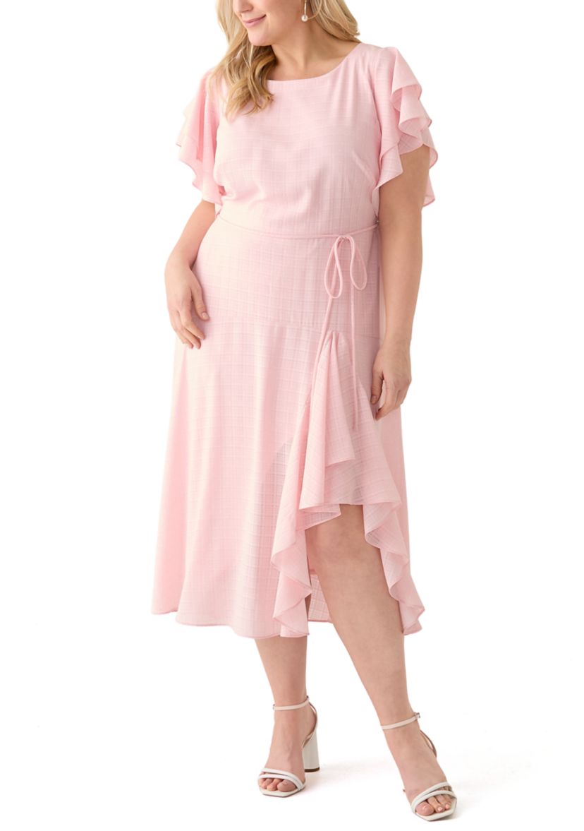 Plus Size Short Sleeve Crew Neck Dot Print Chiffon Dress
