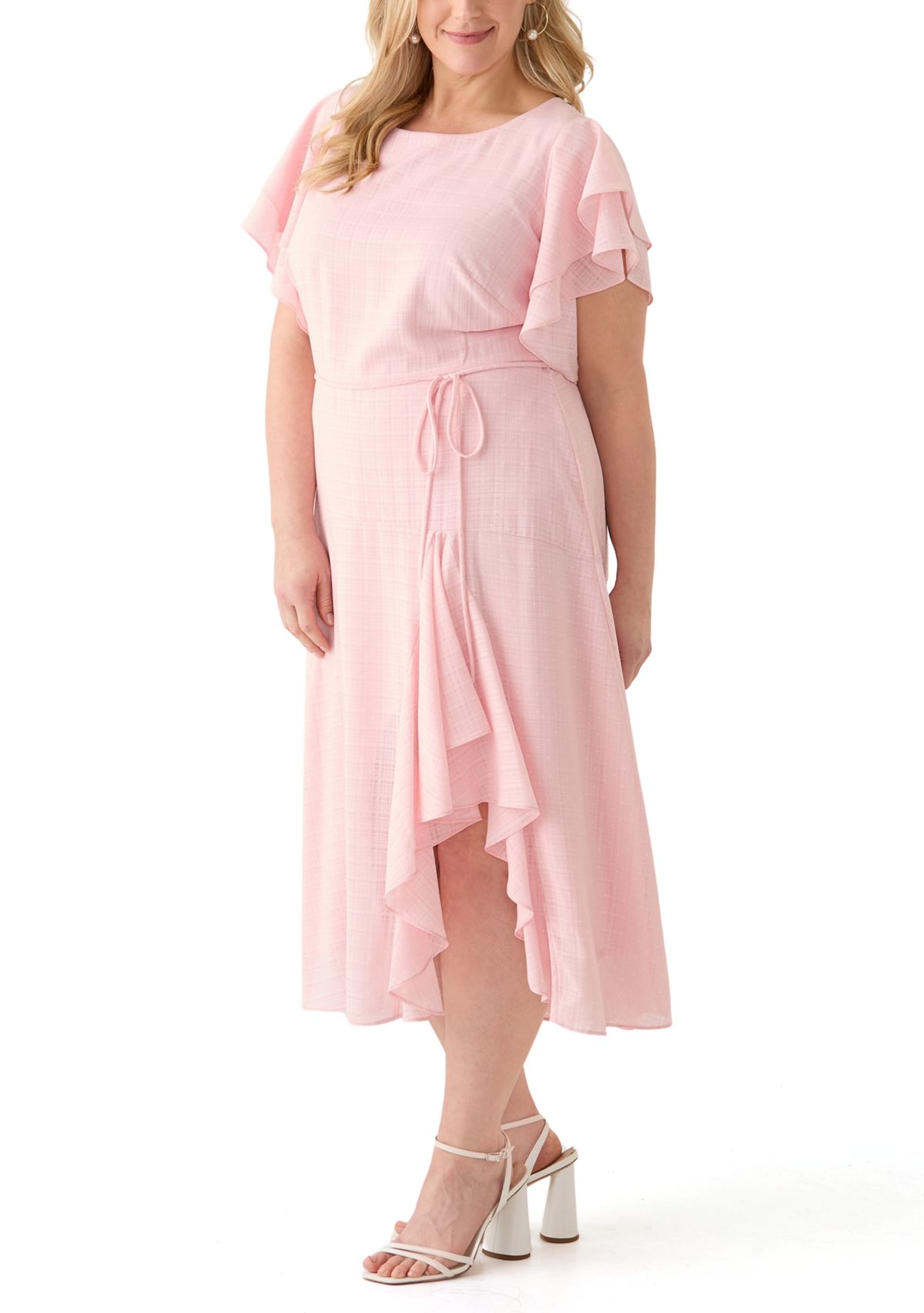 Plus Size Short Sleeve Crew Neck Dot Print Chiffon Dress