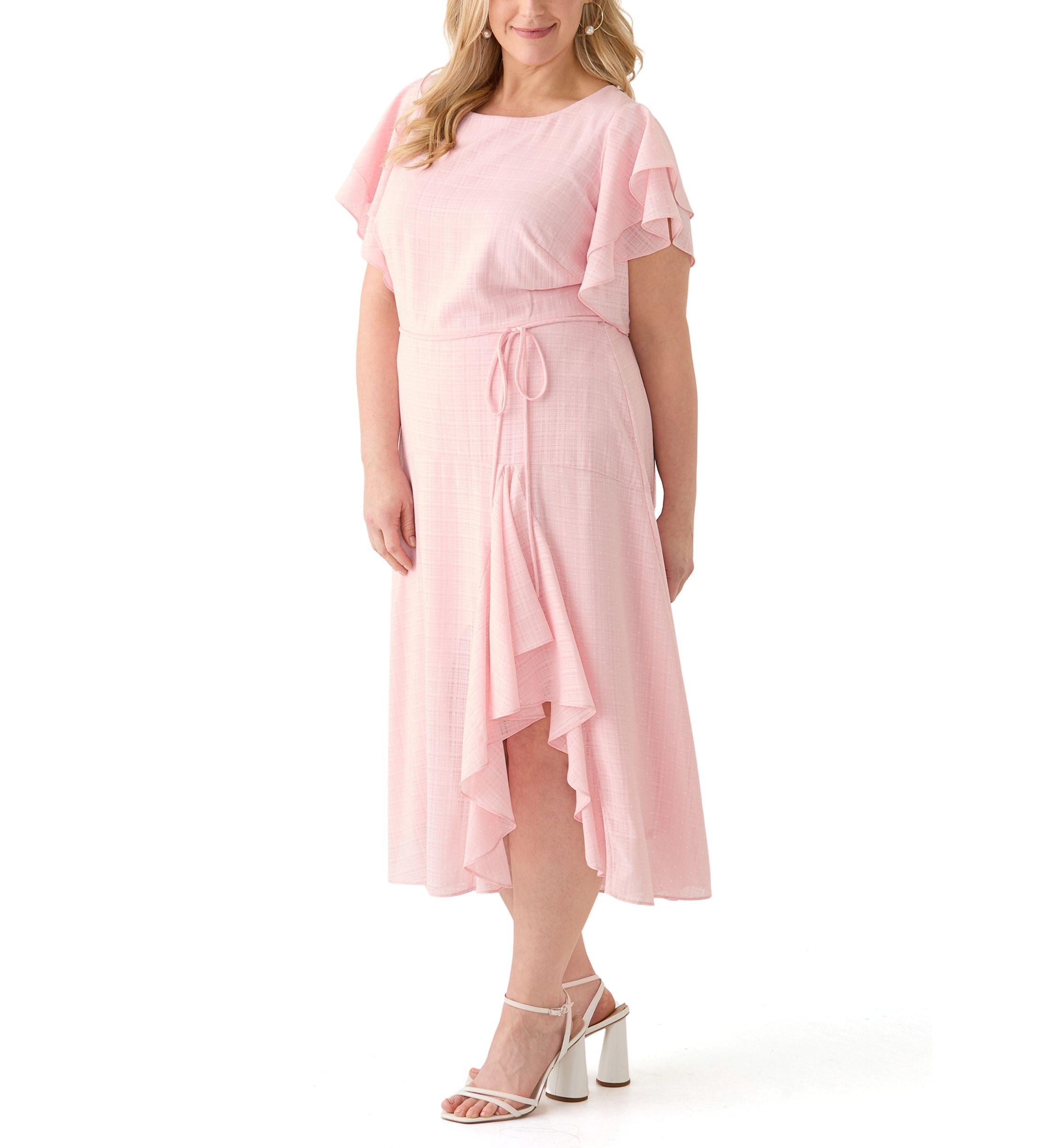 Plus Size Short Sleeve Crew Neck Dot Print Chiffon Dress