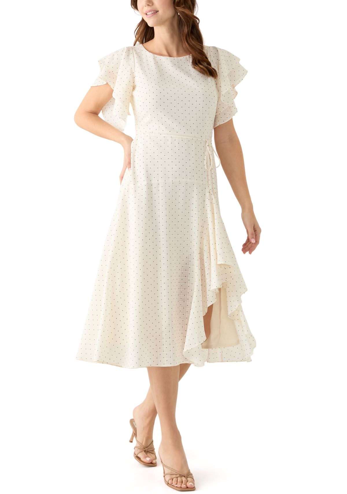Womens Flutter Sleeve Ruffled Midi Dress