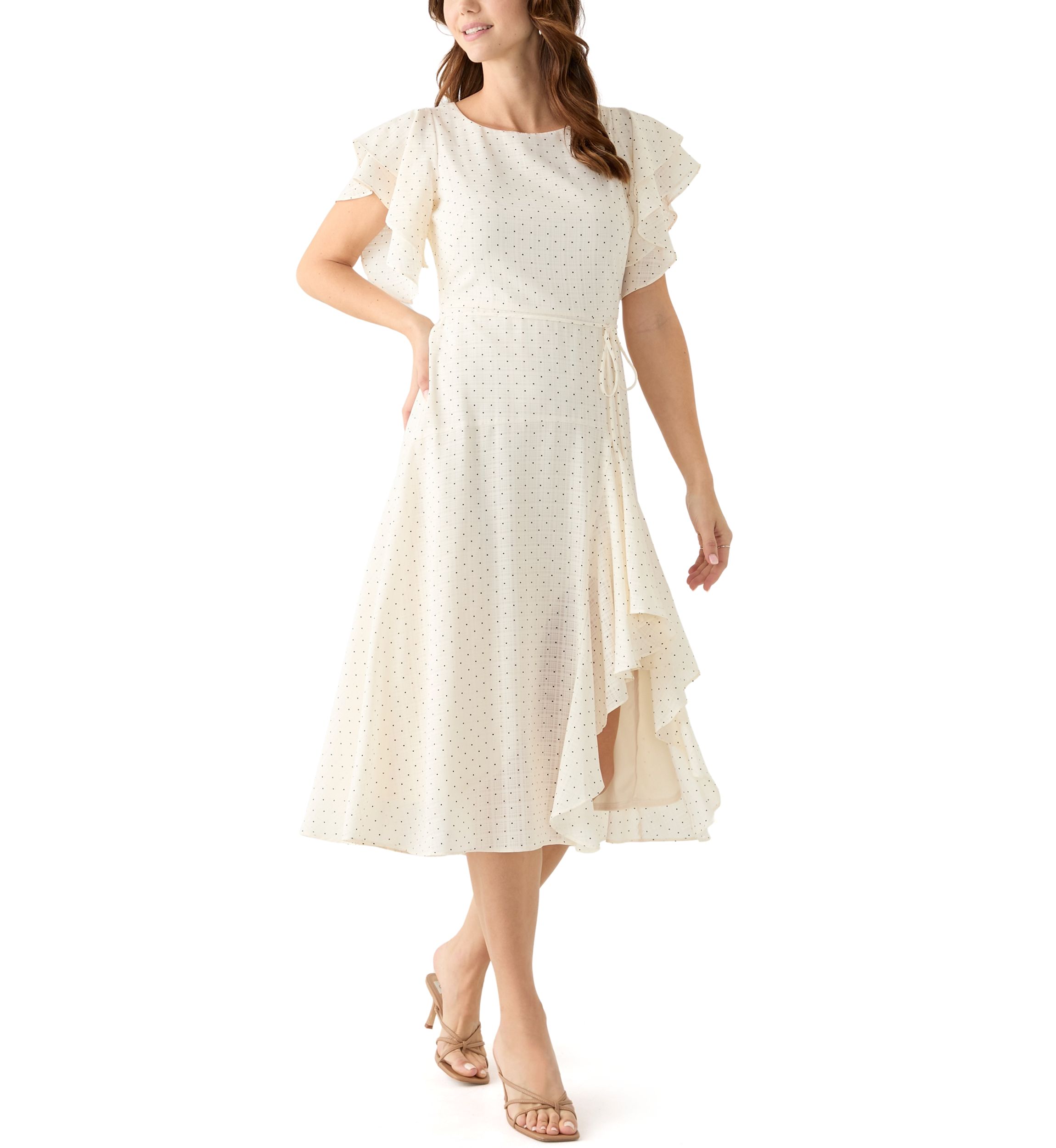 Womens Flutter Sleeve Ruffled Midi Dress