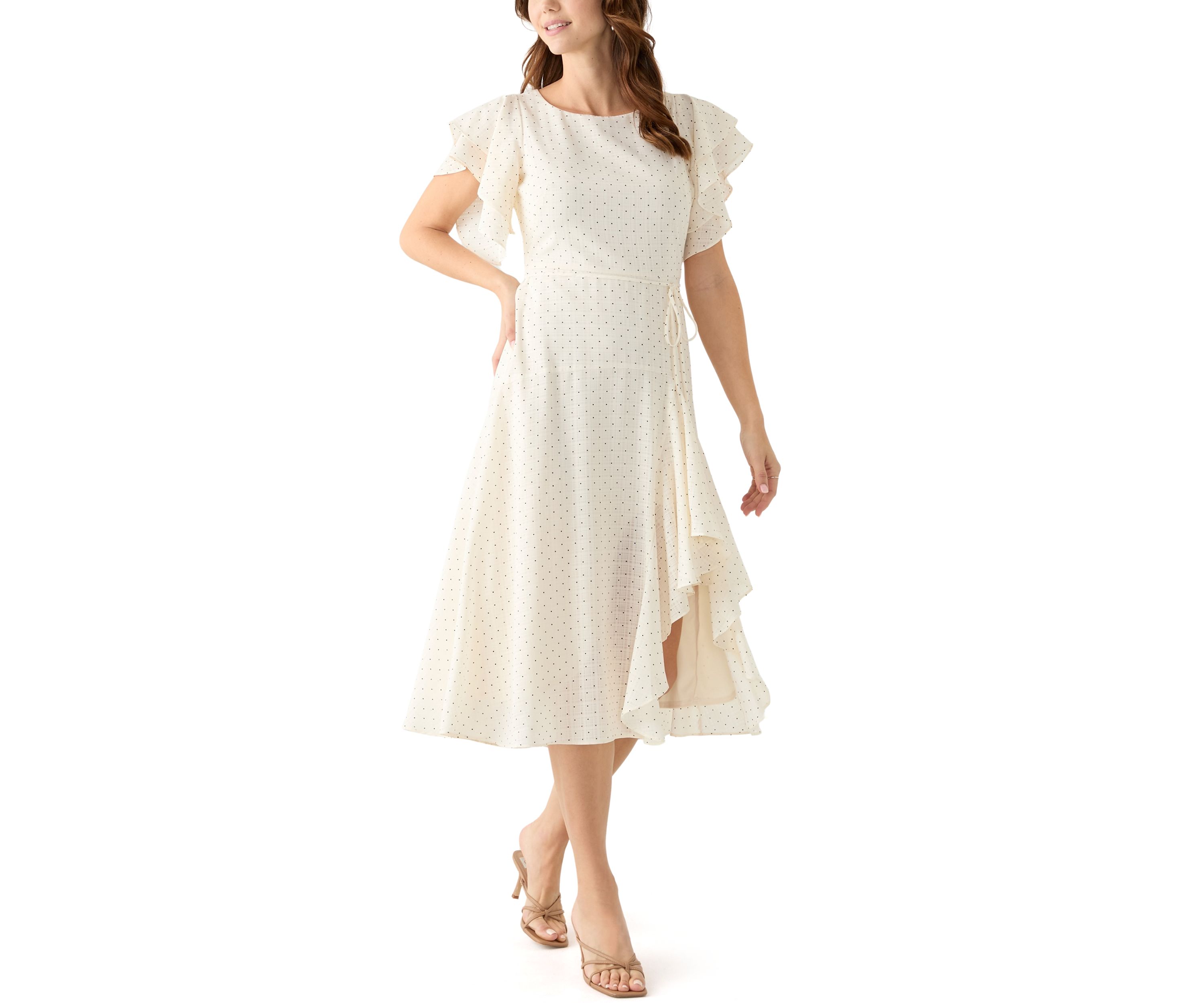 Womens Flutter Sleeve Ruffled Midi Dress
