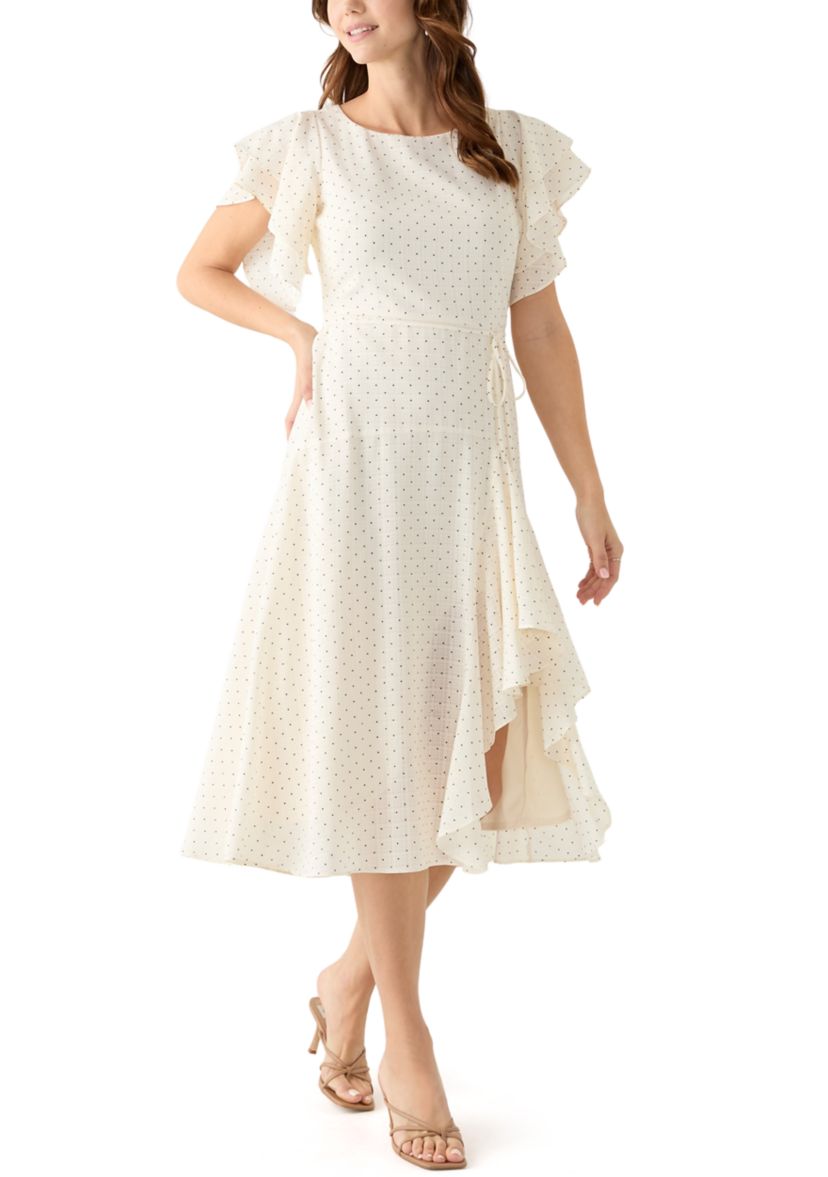 Womens Flutter Sleeve Ruffled Midi Dress