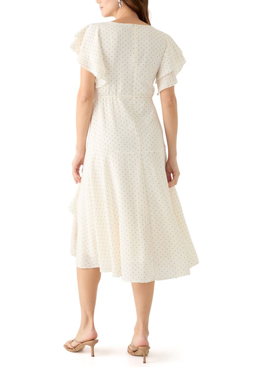 Womens Flutter Sleeve Ruffled Midi Dress