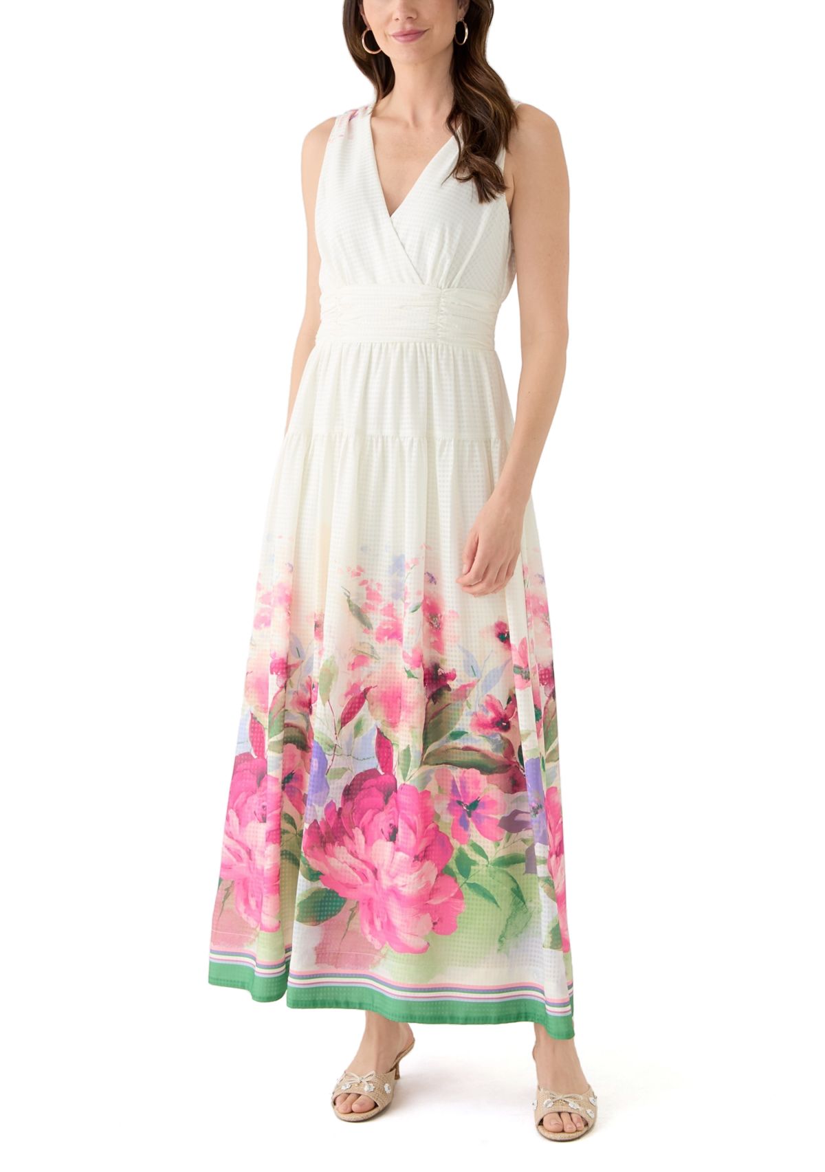 Womens Sleeveless V-Neck Floral Printed Chiffon Dress